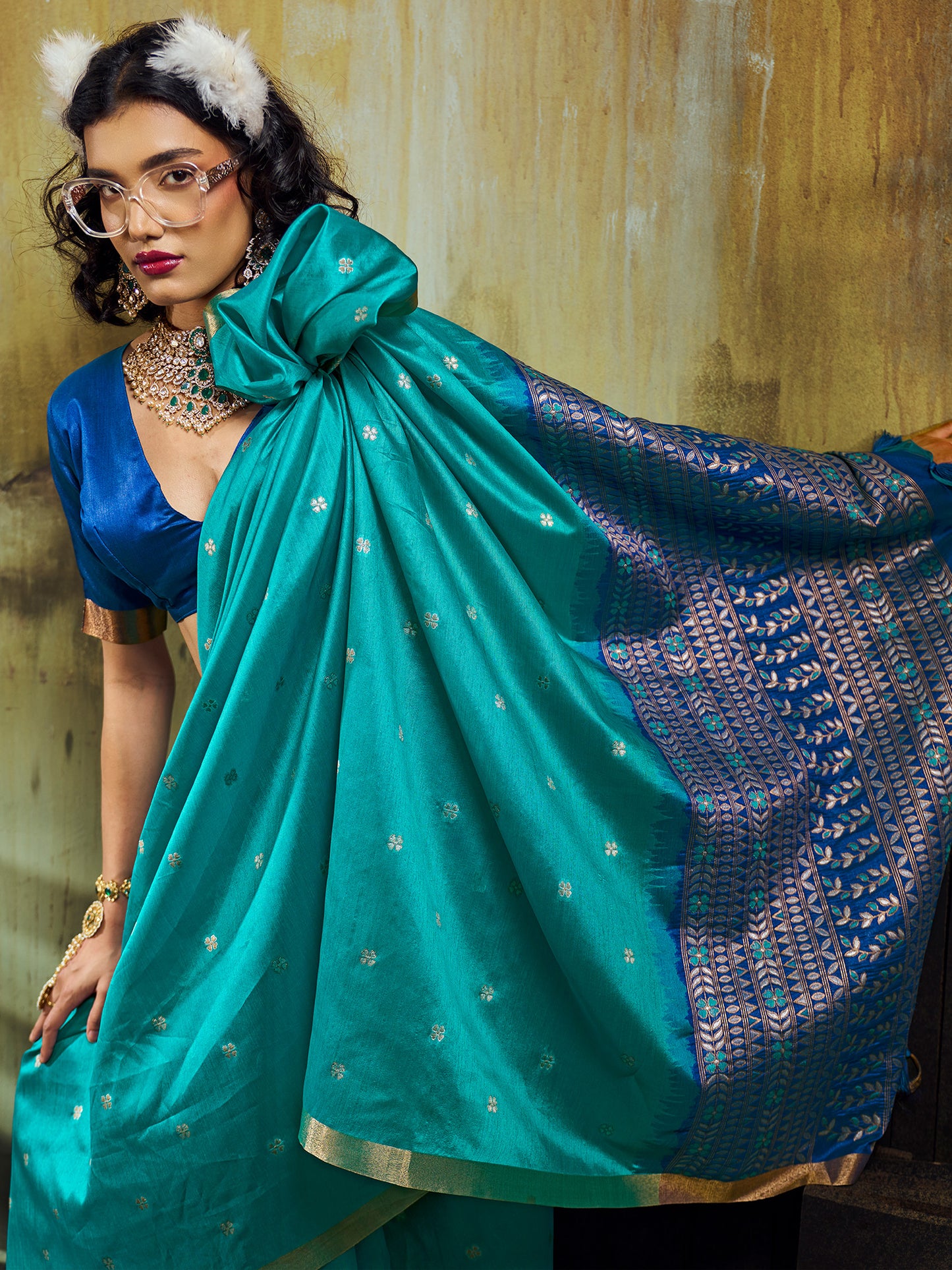 Women's Silk Blend Light Blue Woven Design Designer Saree With Blouse Piece