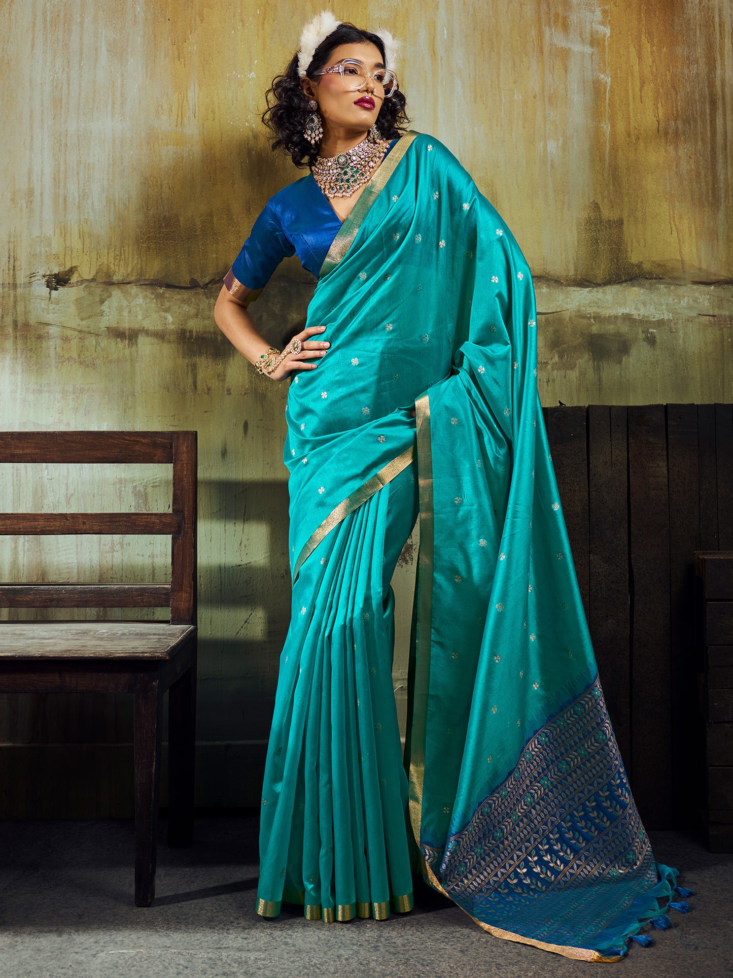 Women's Silk Blend Light Blue Woven Design Designer Saree With Blouse Piece