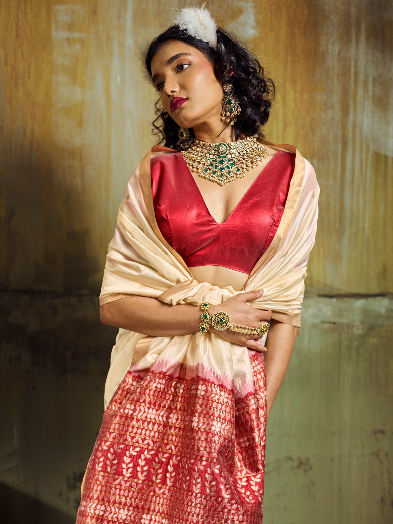 Women's Silk Blend Off White Woven Design Designer Saree With Blouse Piece