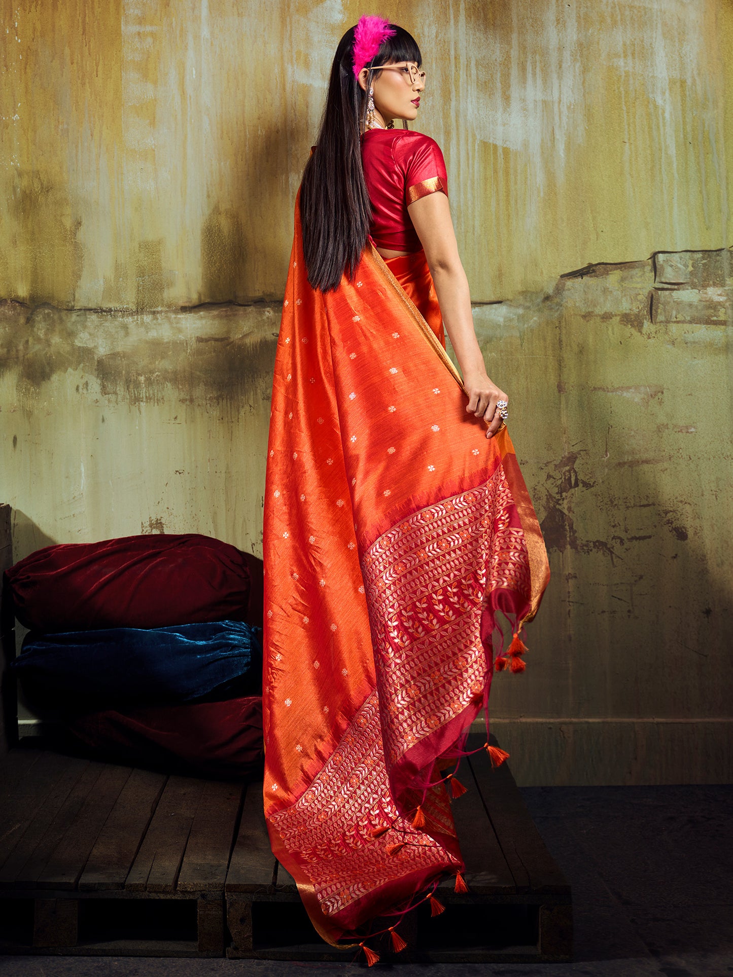 Women's Silk Blend Orange Woven Design Designer Saree With Blouse Piece