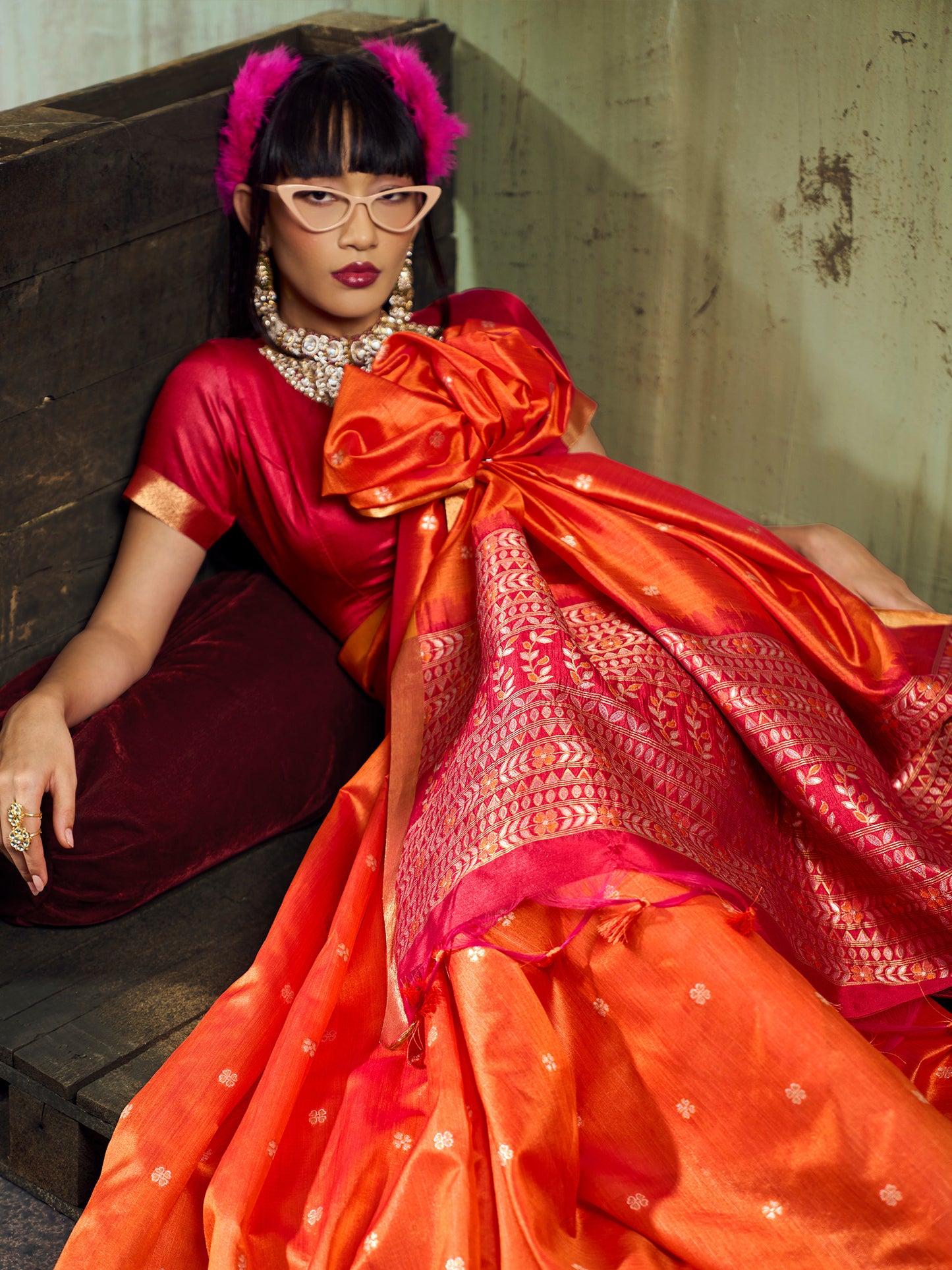 Women's Silk Blend Orange Woven Design Designer Saree With Blouse Piece