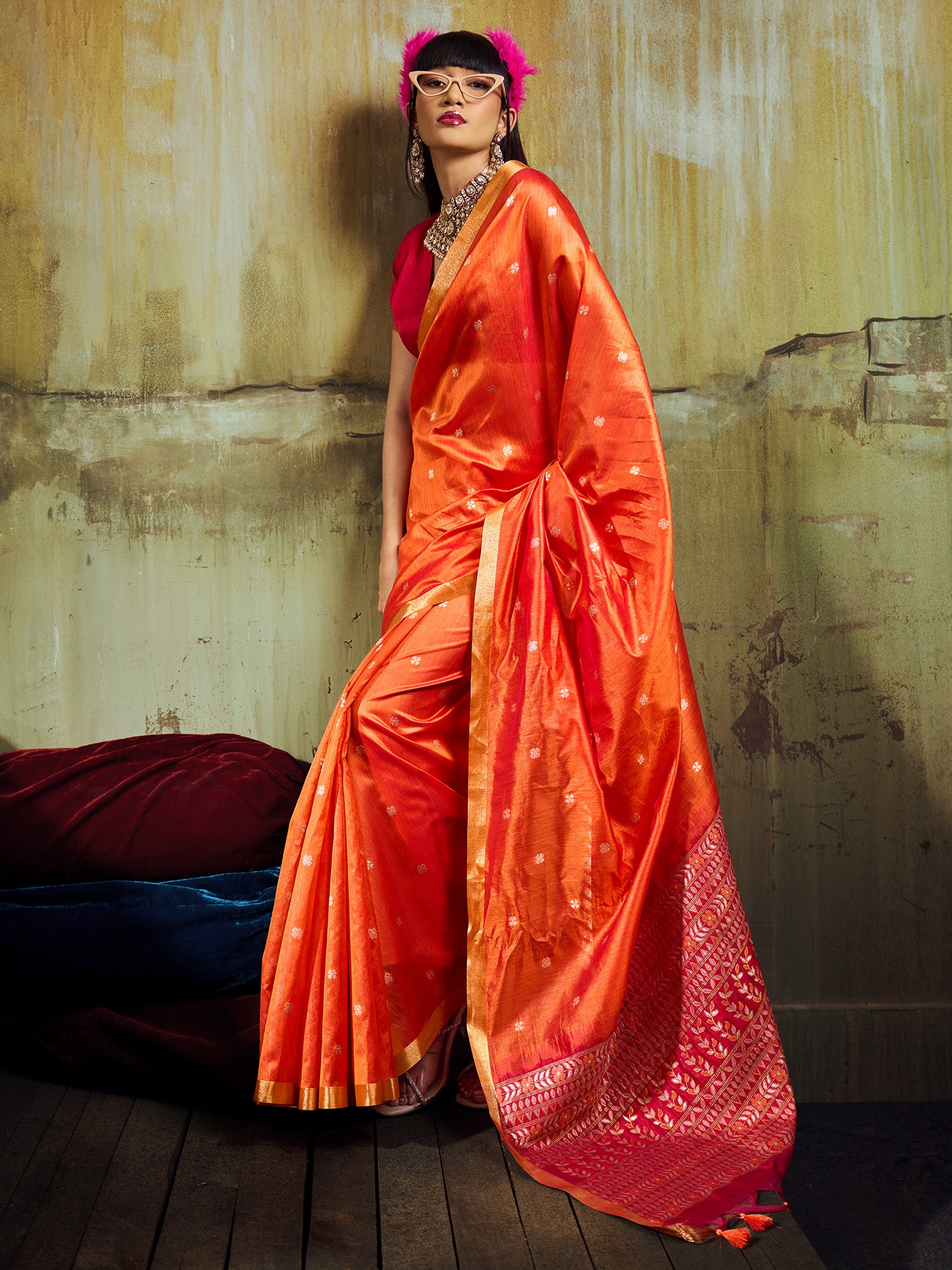 Women's Silk Blend Orange Woven Design Designer Saree With Blouse Piece