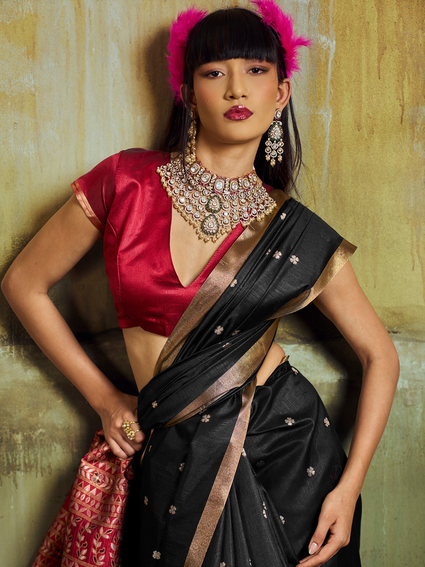 Women's Silk Blend Black Woven Design Designer Saree With Blouse Piece