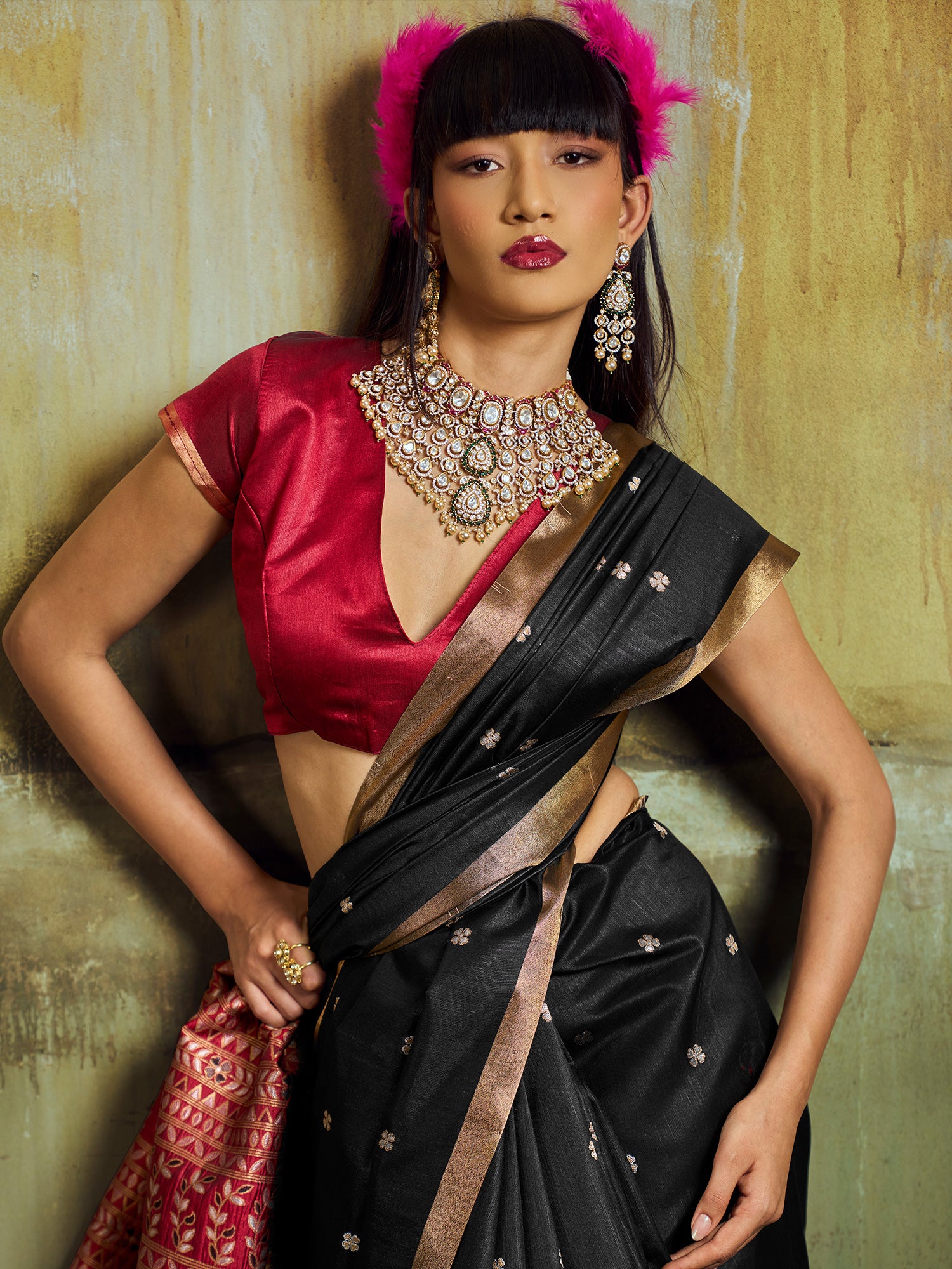 Women's Silk Blend Black Woven Design Designer Saree With Blouse Piece