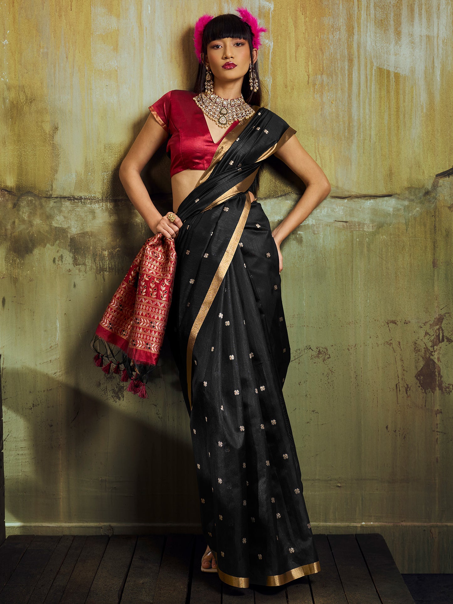 Women's Silk Blend Black Woven Design Designer Saree With Blouse Piece