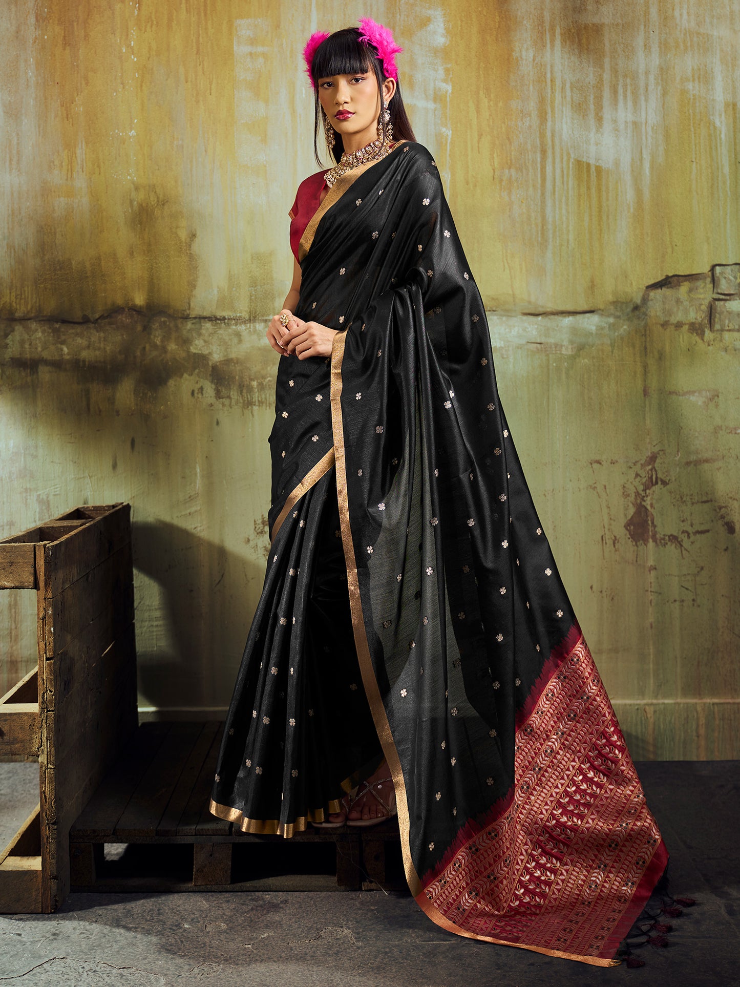 Women's Silk Blend Black Woven Design Designer Saree With Blouse Piece