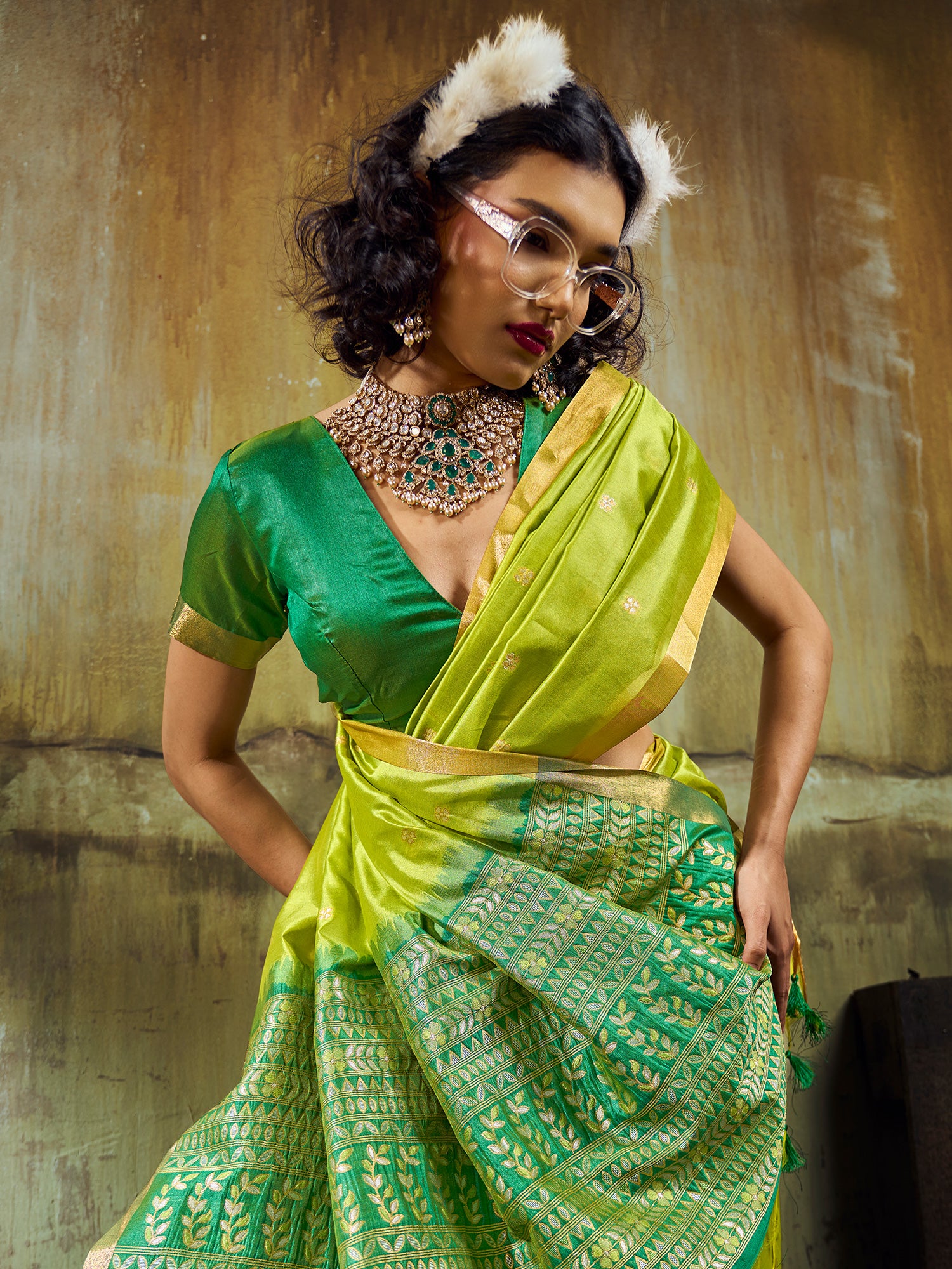 Women's Silk Blend Light Green Woven Design Designer Saree With Blouse Piece
