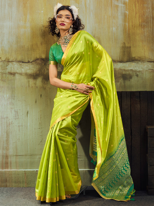 Women's Silk Blend Light Green Woven Design Designer Saree With Blouse Piece