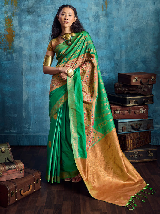 Women's Pure Silk Green Woven Design Designer Saree With Blouse Piece