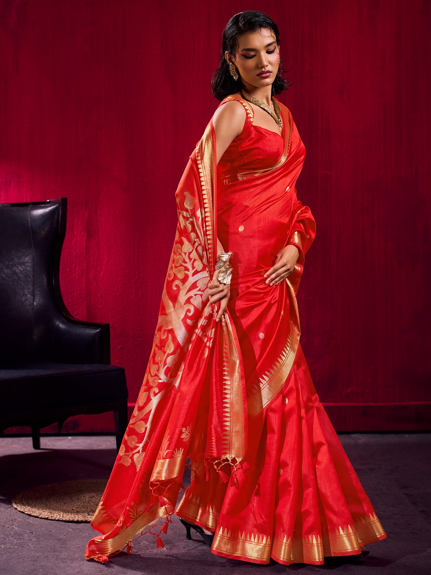 Women's Art Silk Red Woven Design Designer Saree With Blouse Piece