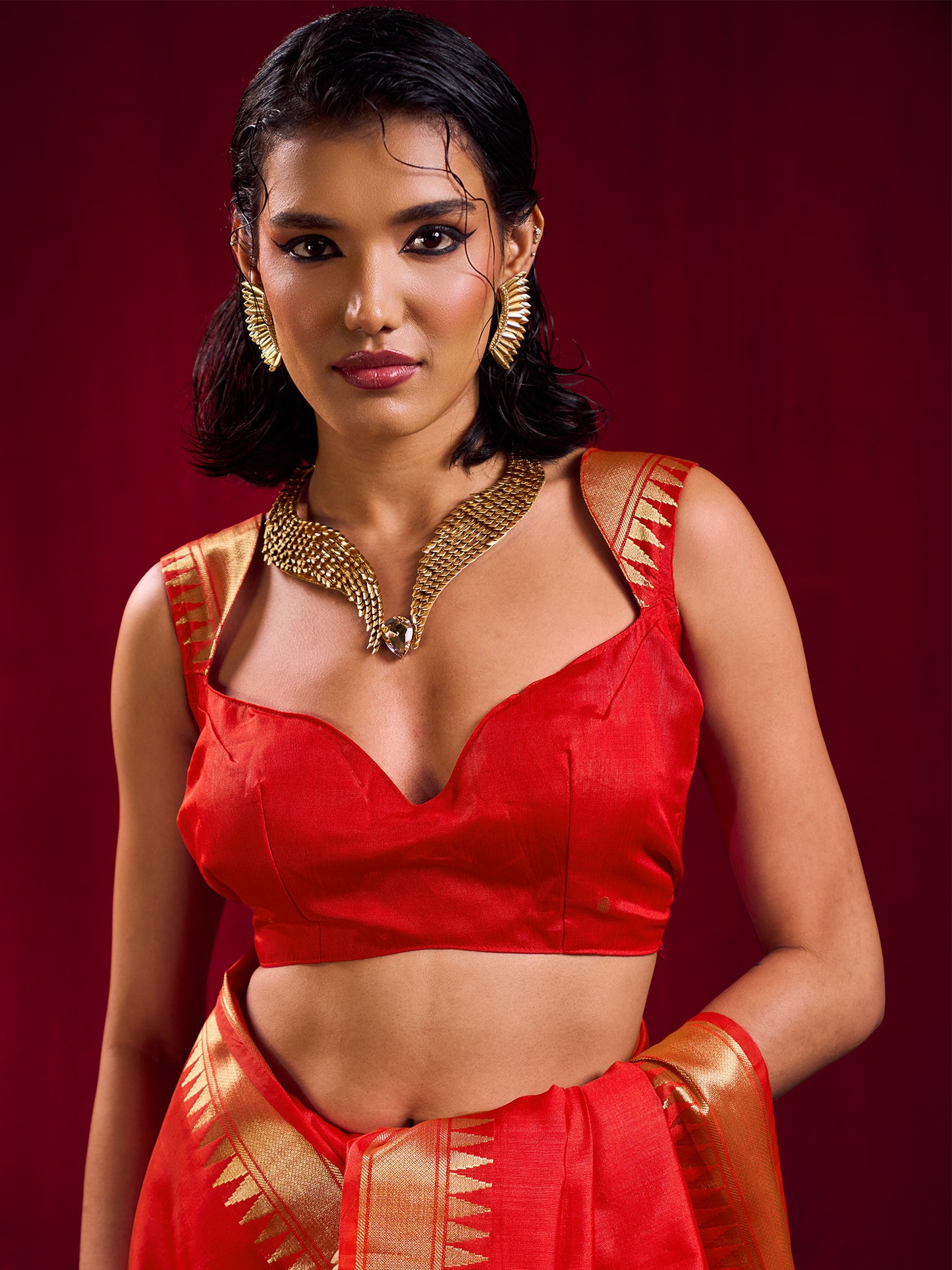 Women's Art Silk Red Woven Design Designer Saree With Blouse Piece