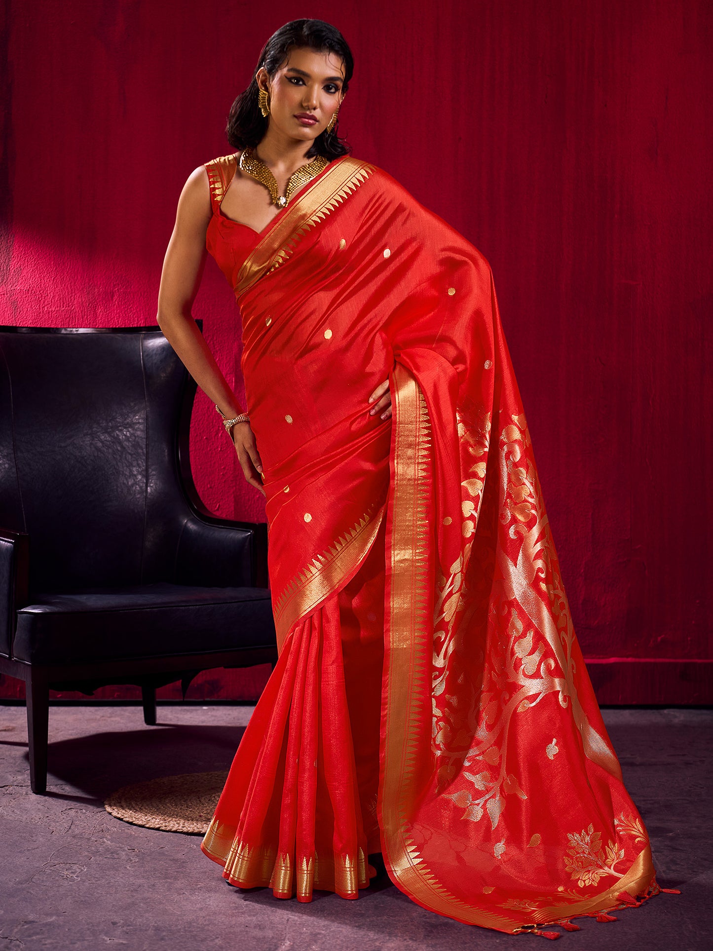Women's Art Silk Red Woven Design Designer Saree With Blouse Piece