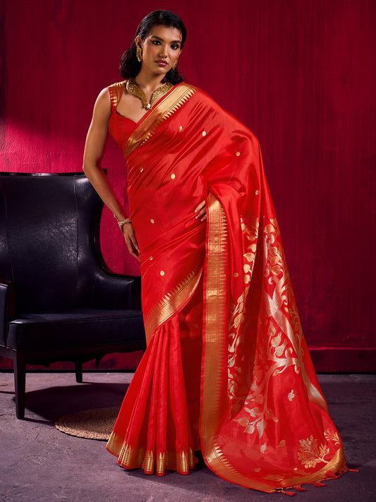 Women's Art Silk Red Woven Design Designer Saree With Blouse Piece