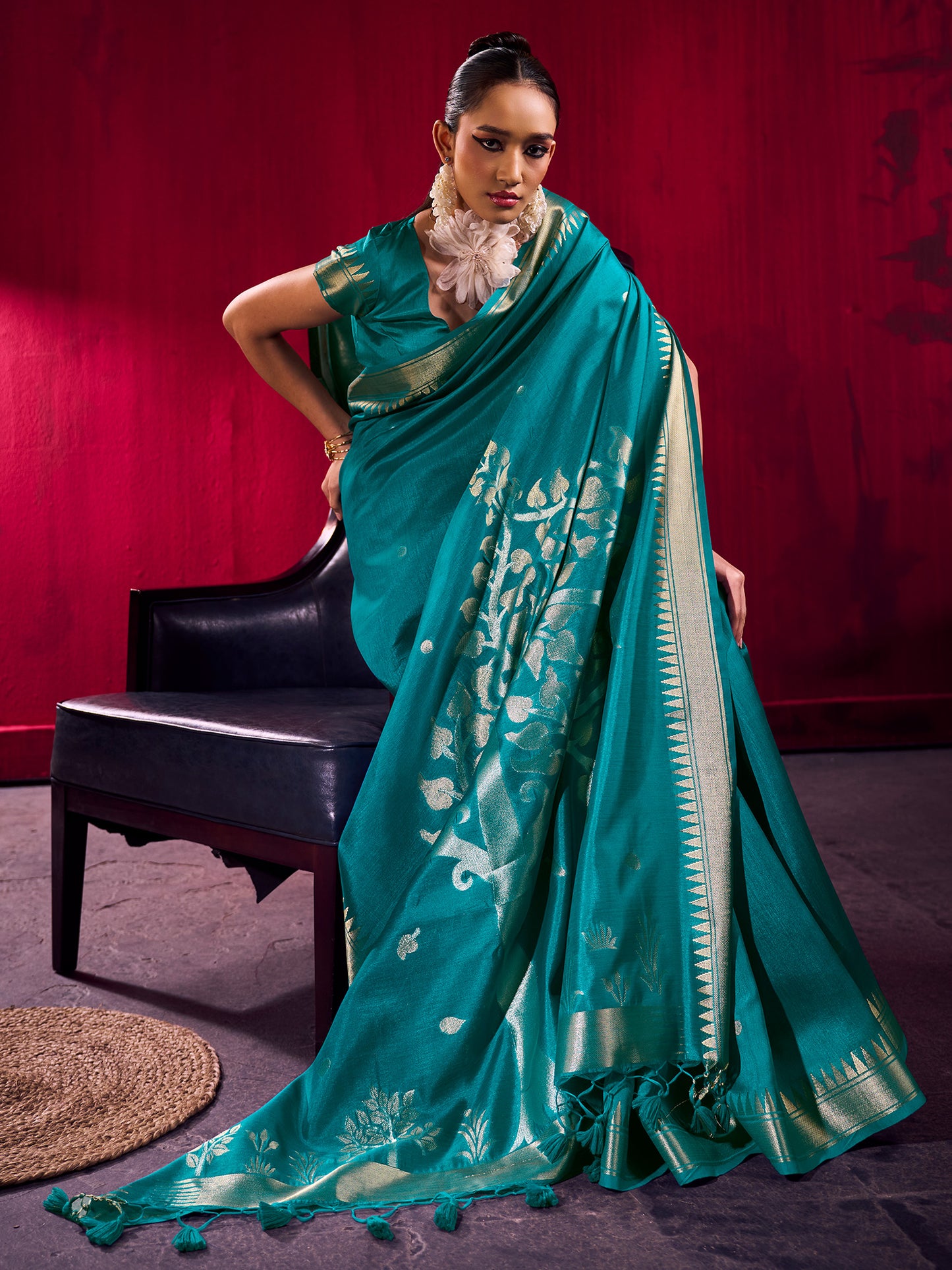 Women's Art Silk Teal blue Woven Design Designer Saree With Blouse Piece