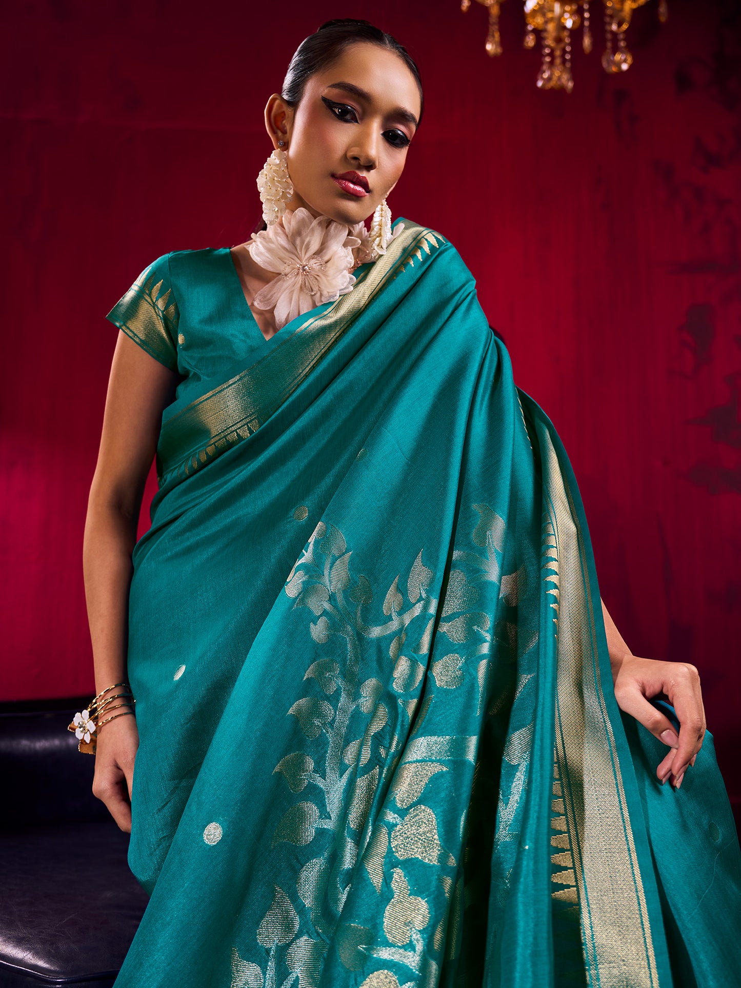 Women's Art Silk Teal blue Woven Design Designer Saree With Blouse Piece
