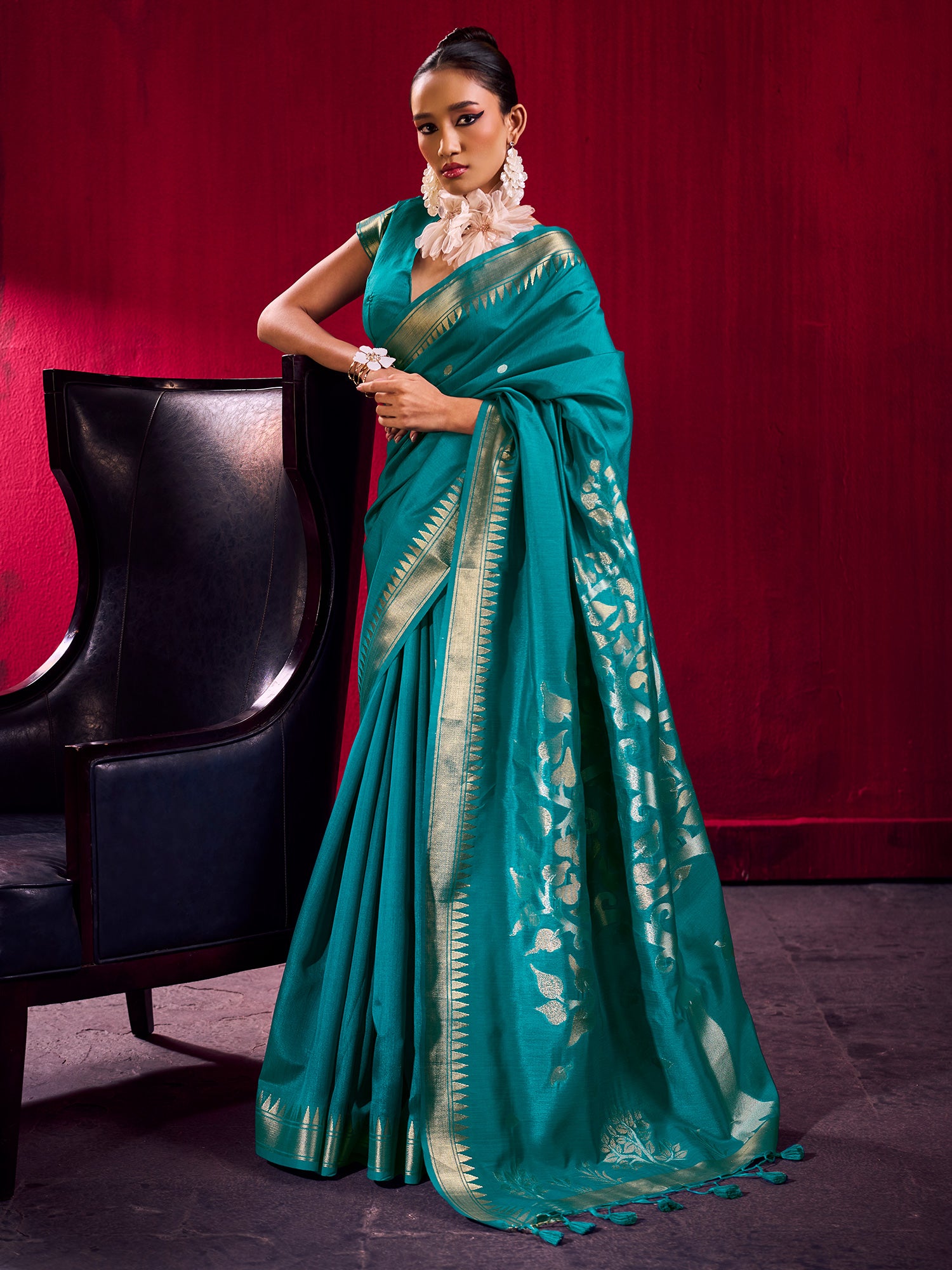 Women's Art Silk Teal blue Woven Design Designer Saree With Blouse Piece