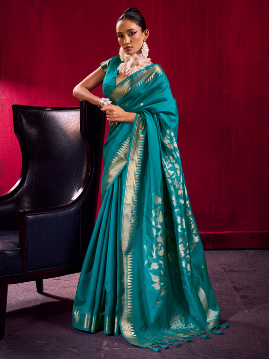 Women's Art Silk Teal blue Woven Design Designer Saree With Blouse Piece