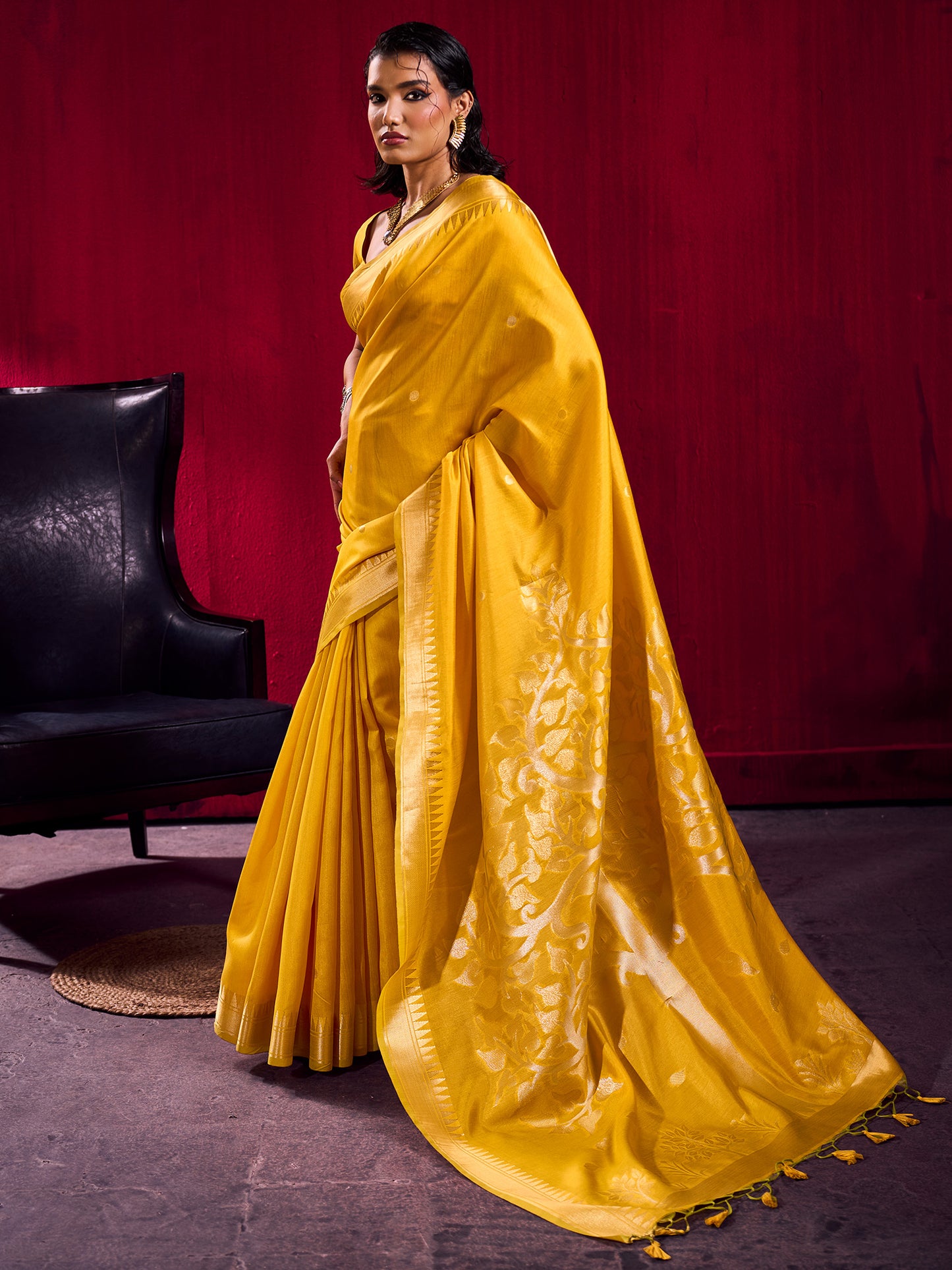 Women's Art Silk Mustard Woven Design Designer Saree With Blouse Piece