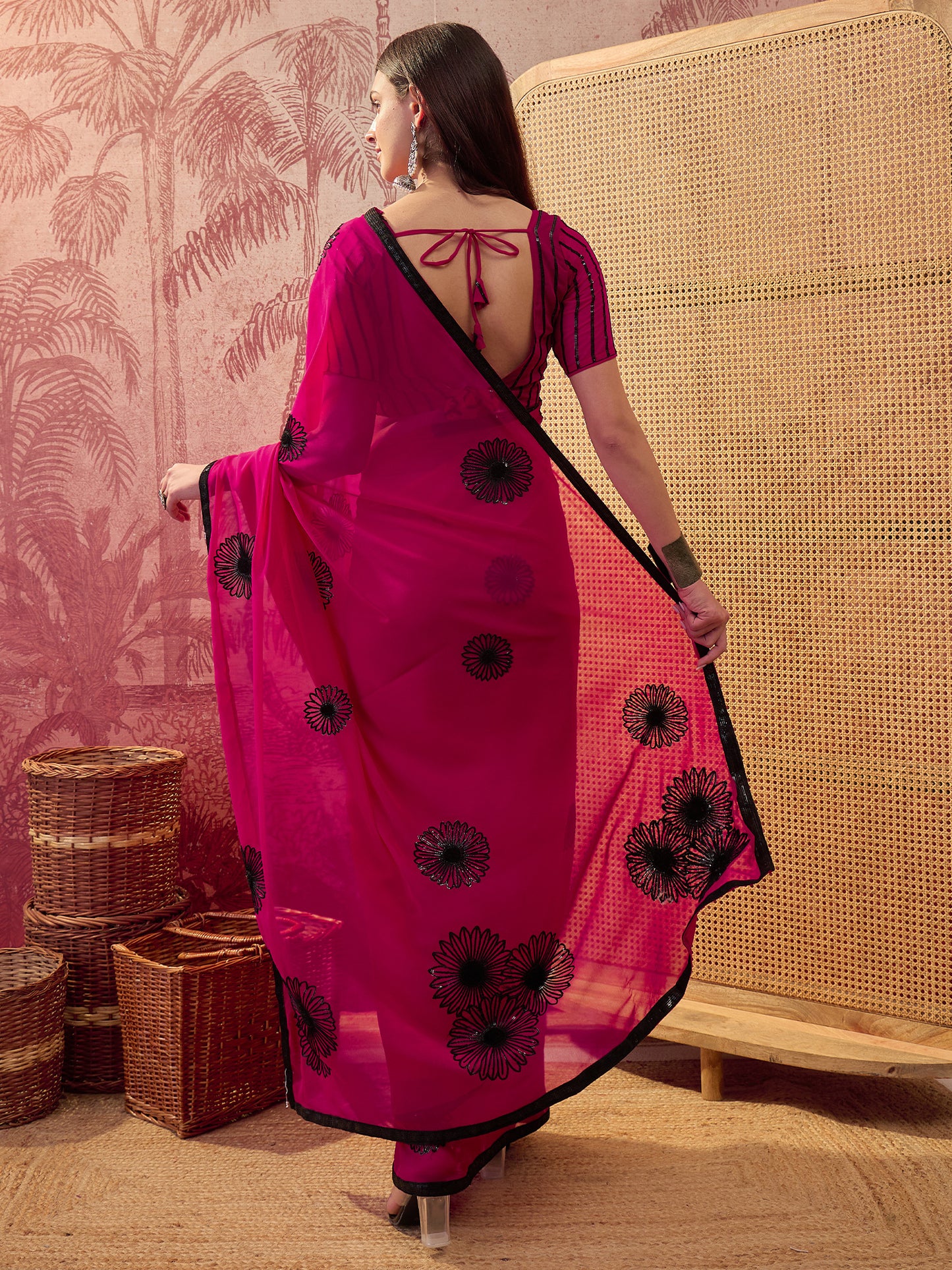 Women's Georgette Pink Embellished Designer Saree With Blouse Piece