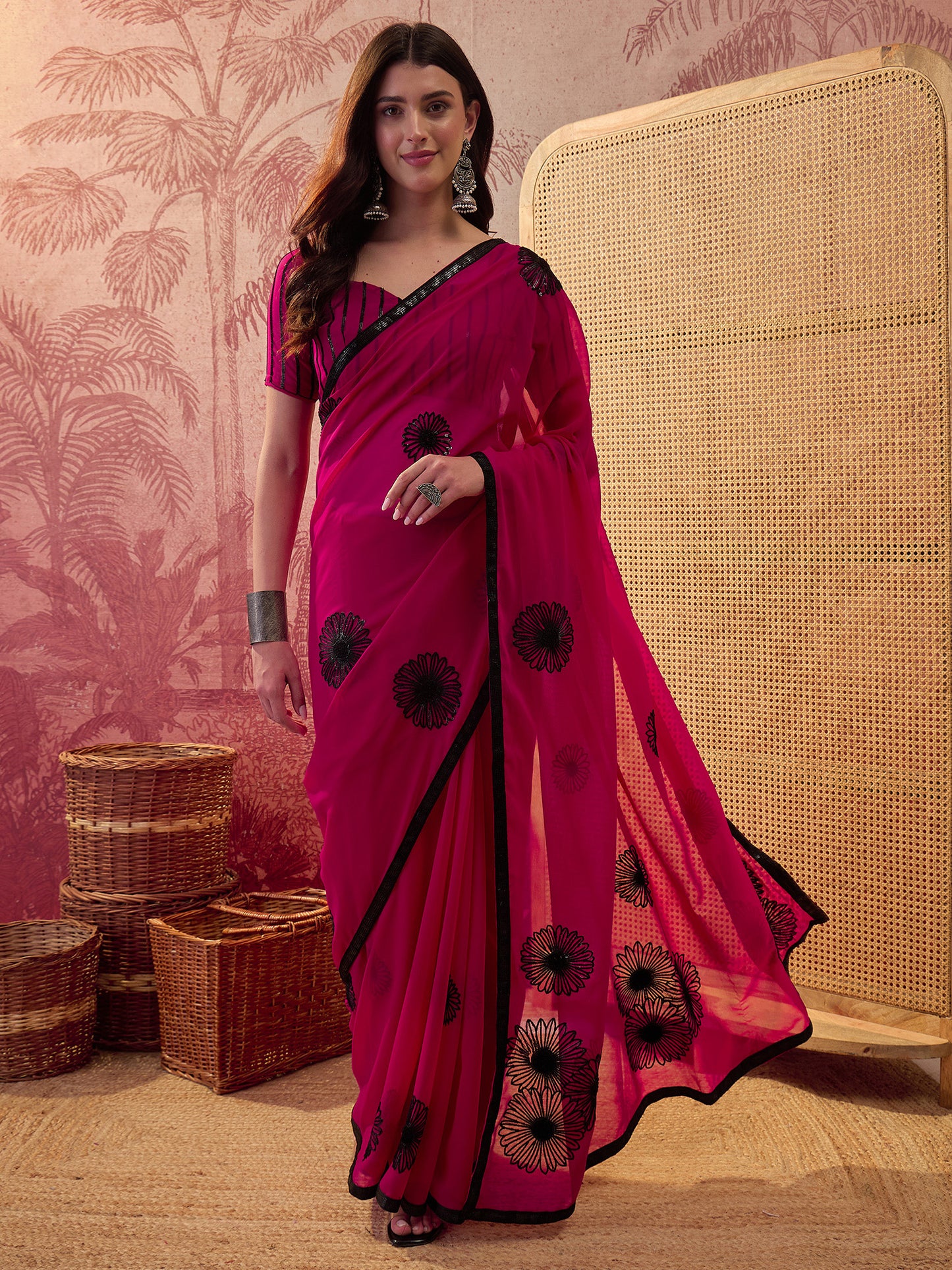 Women's Georgette Pink Embellished Designer Saree With Blouse Piece