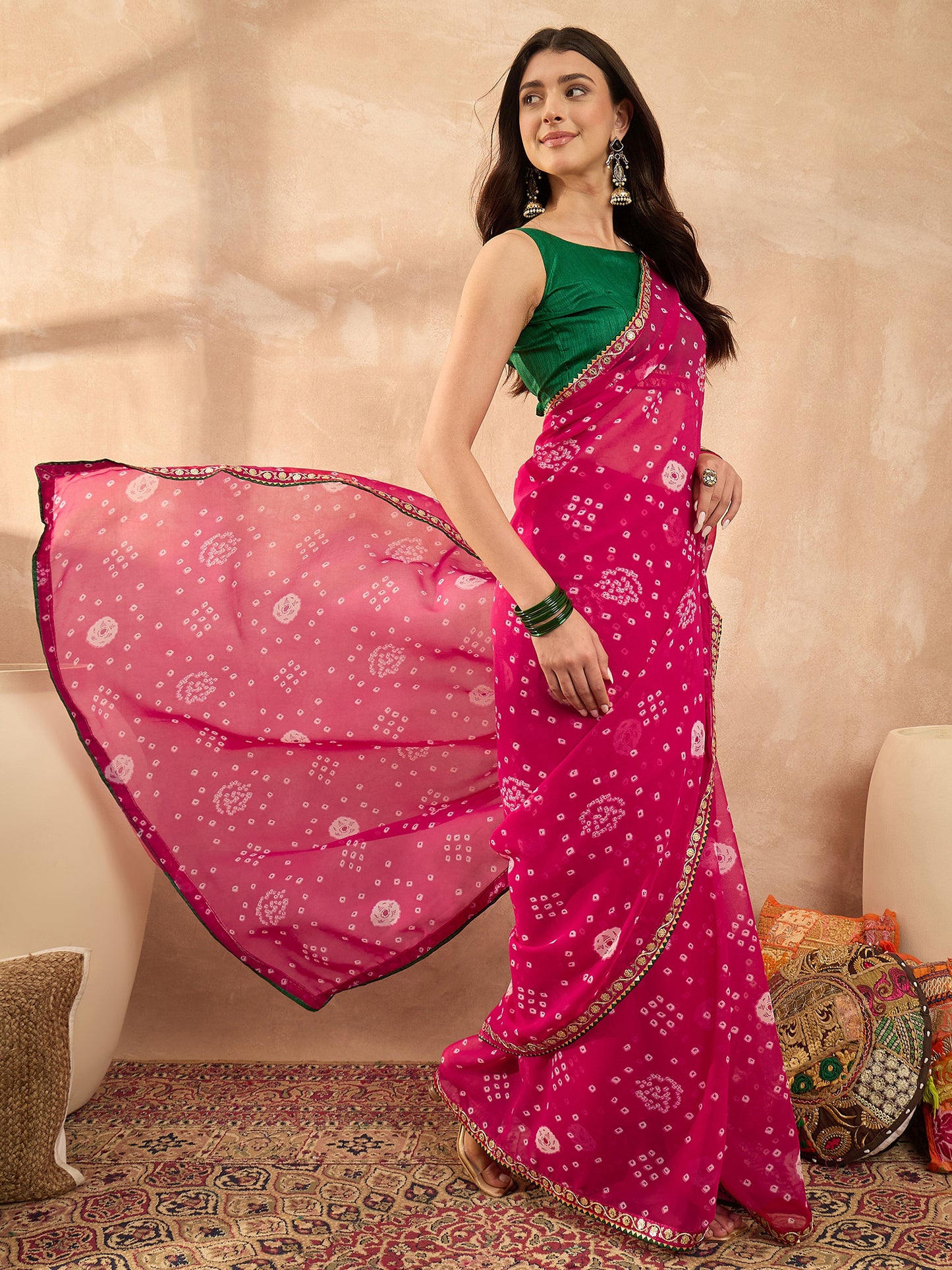 Women's Georgette Pink Printed Designer Saree With Blouse Piece