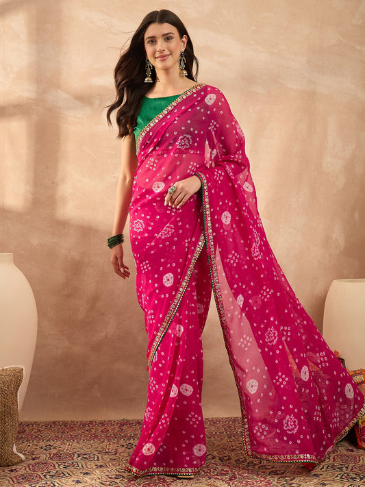 Women's Georgette Pink Printed Designer Saree With Blouse Piece