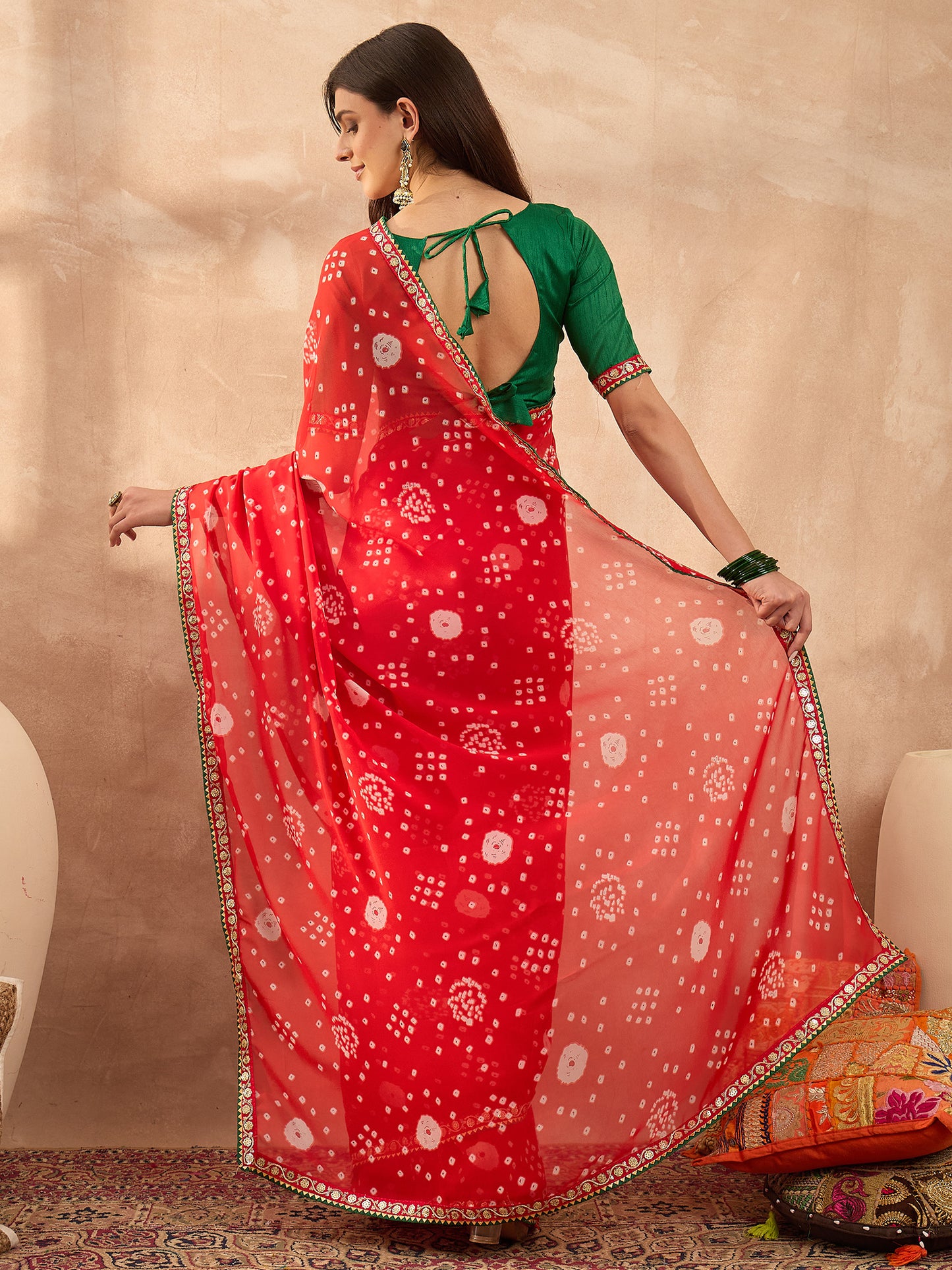 Women's Georgette Red Printed Designer Saree With Blouse Piece