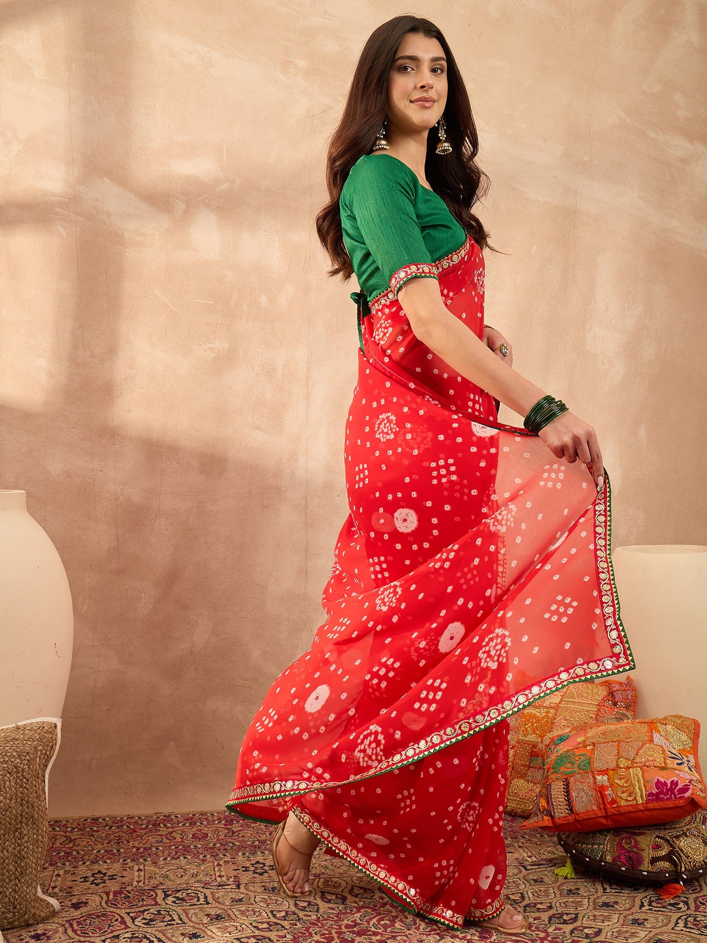 Women's Georgette Red Printed Designer Saree With Blouse Piece