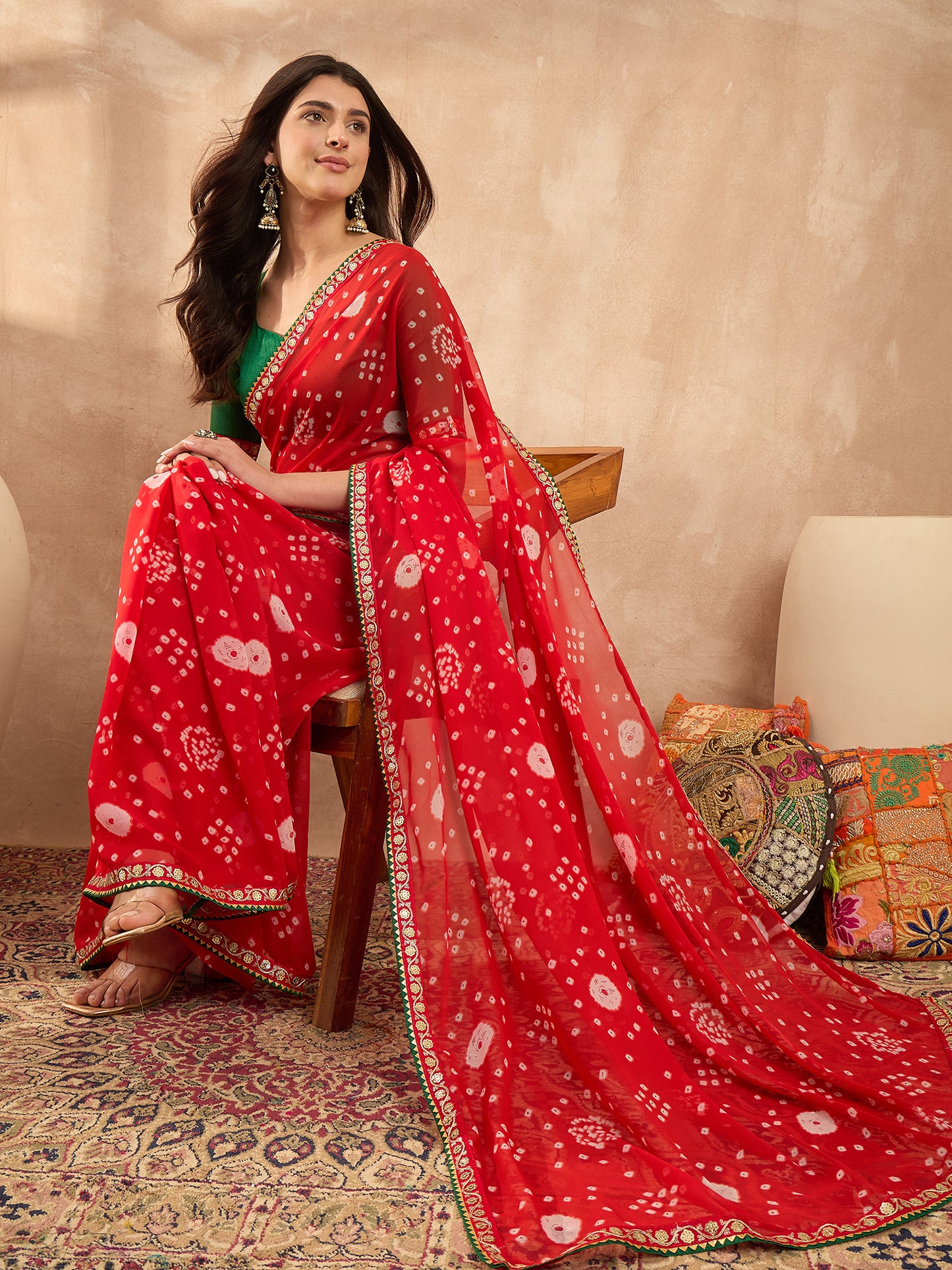 Women's Georgette Red Printed Designer Saree With Blouse Piece