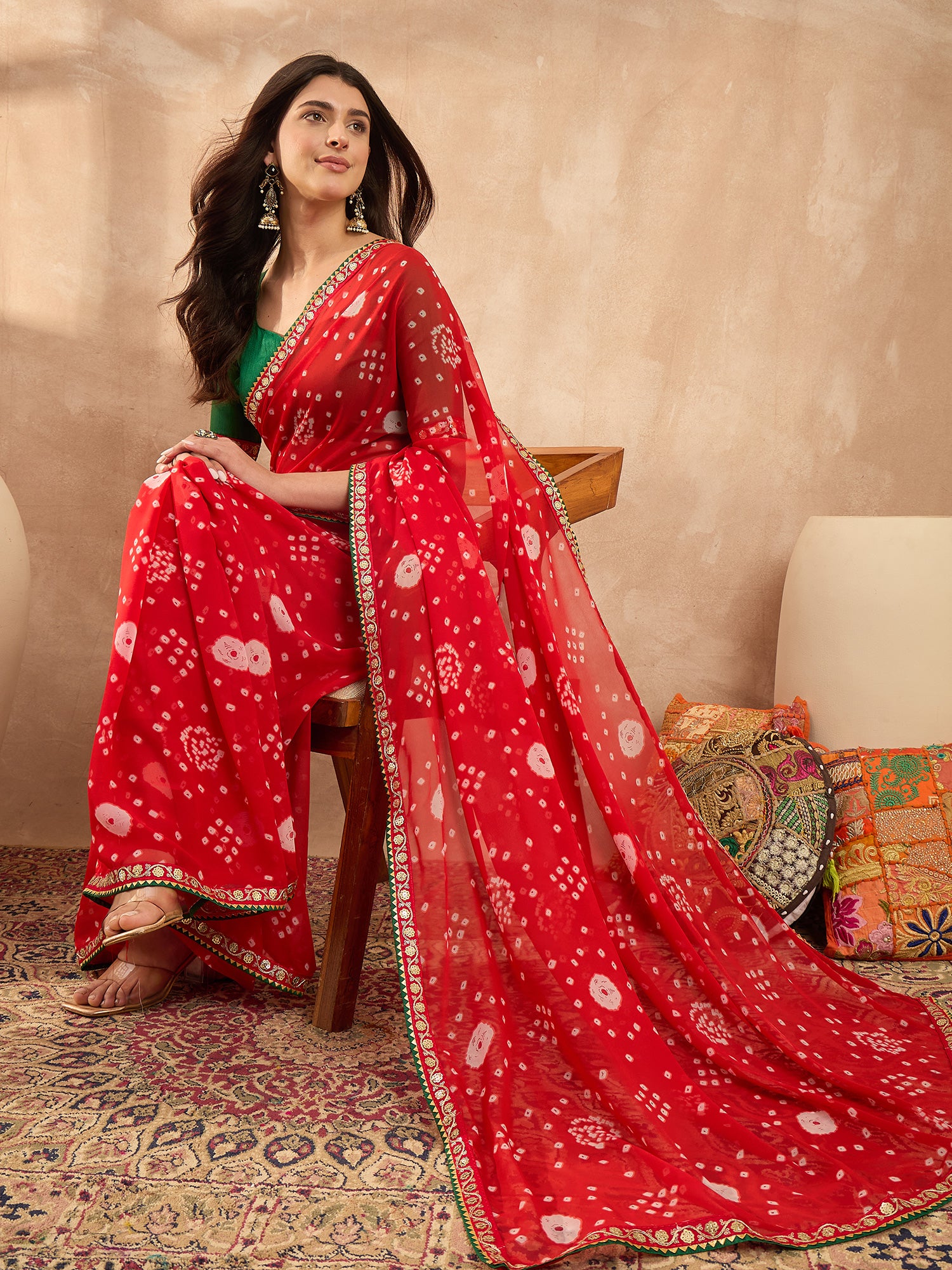 Women's Georgette Red Printed Designer Saree With Blouse Piece