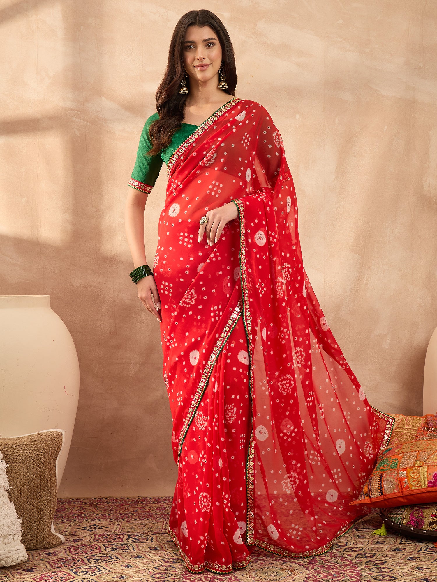 Women's Georgette Red Printed Designer Saree With Blouse Piece