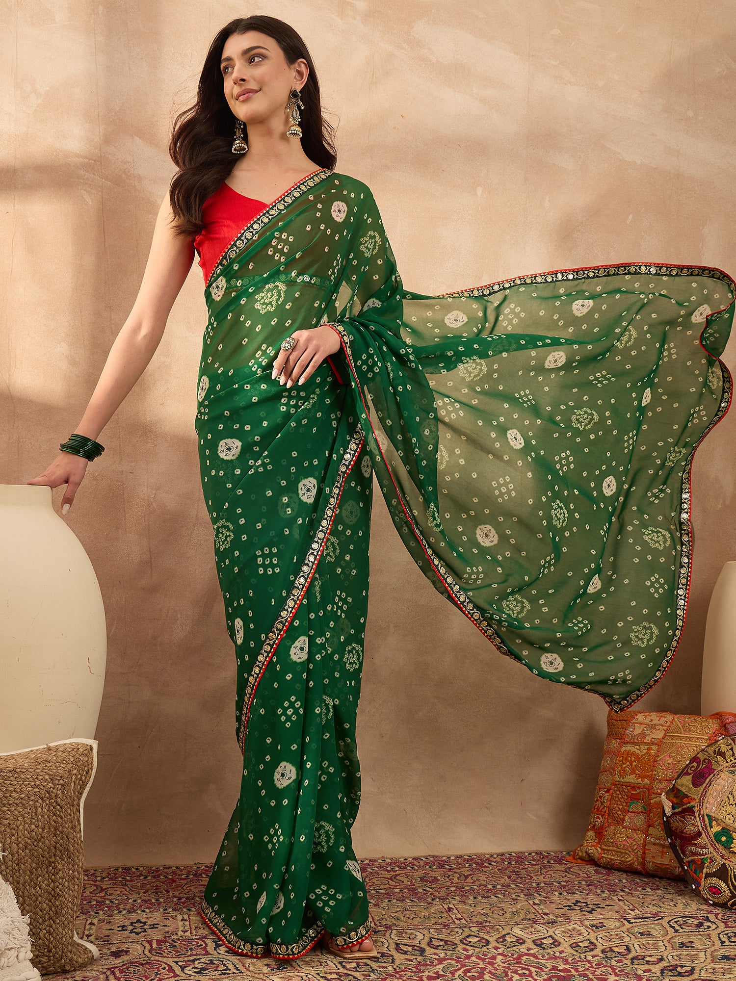 Women's Georgette Green Printed Designer Saree With Blouse Piece