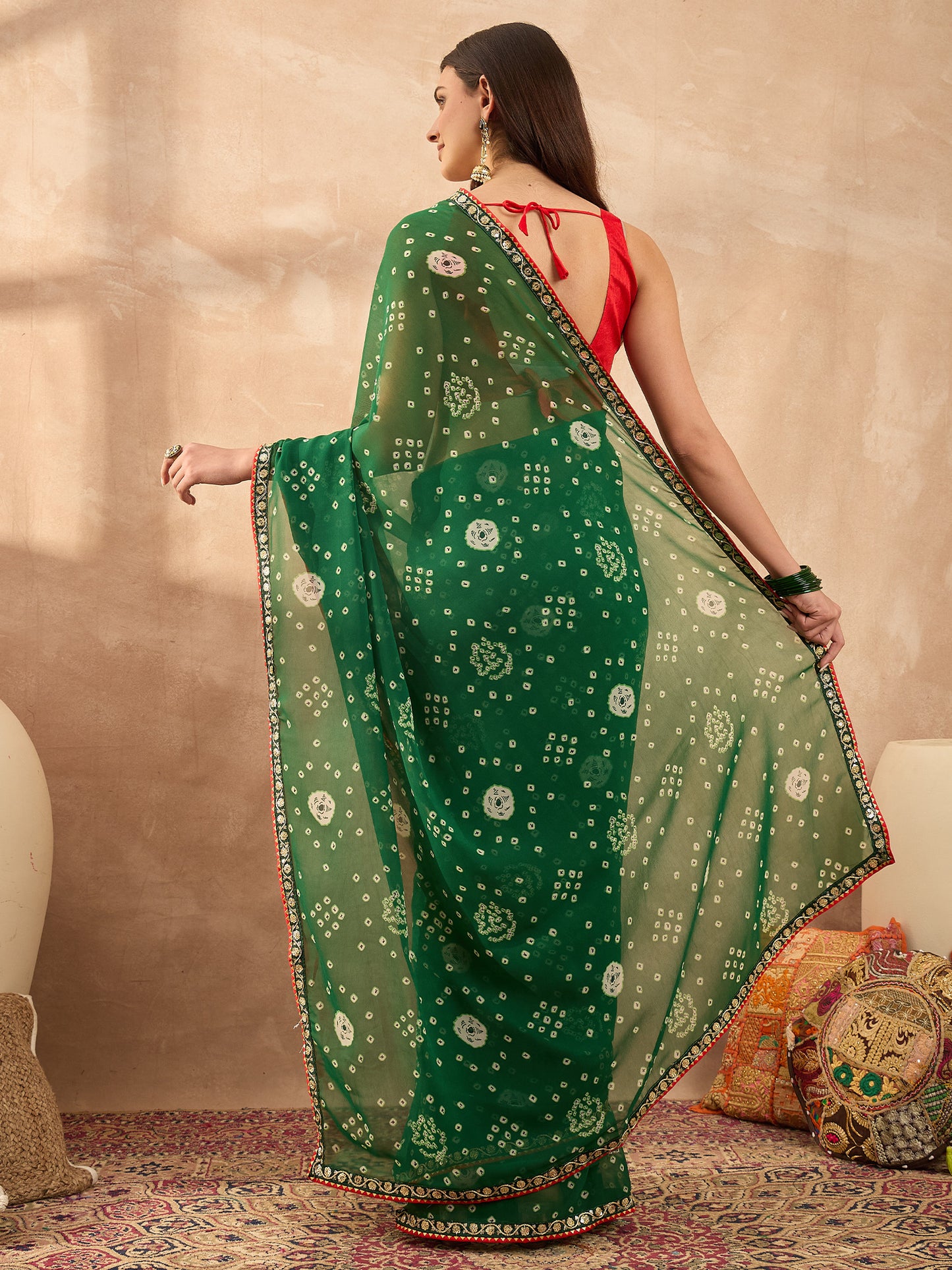 Women's Georgette Green Printed Designer Saree With Blouse Piece