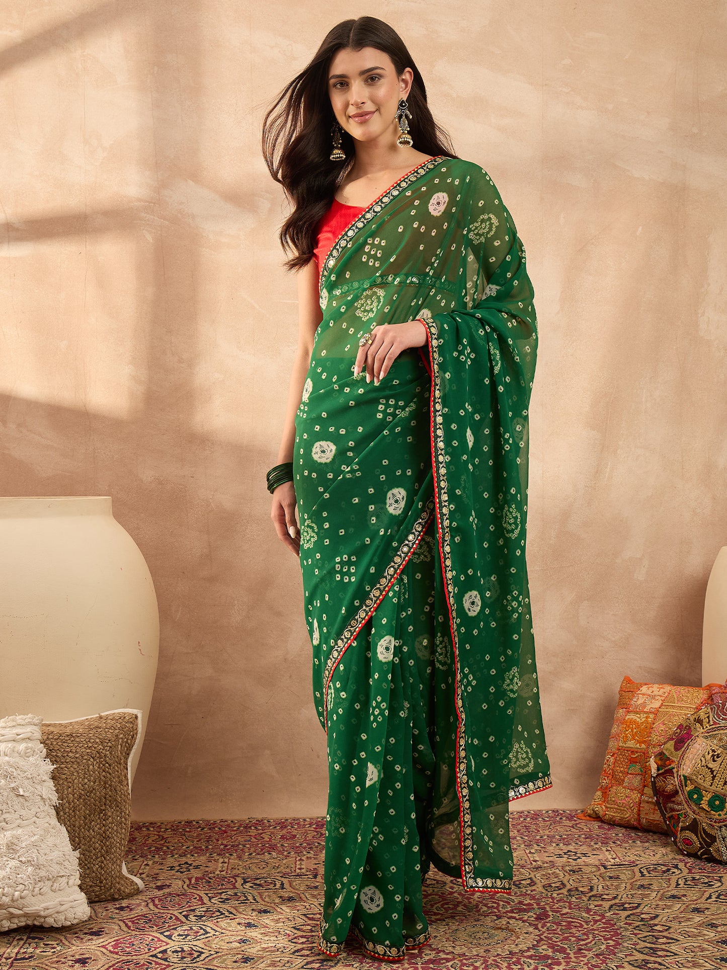 Women's Georgette Green Printed Designer Saree With Blouse Piece