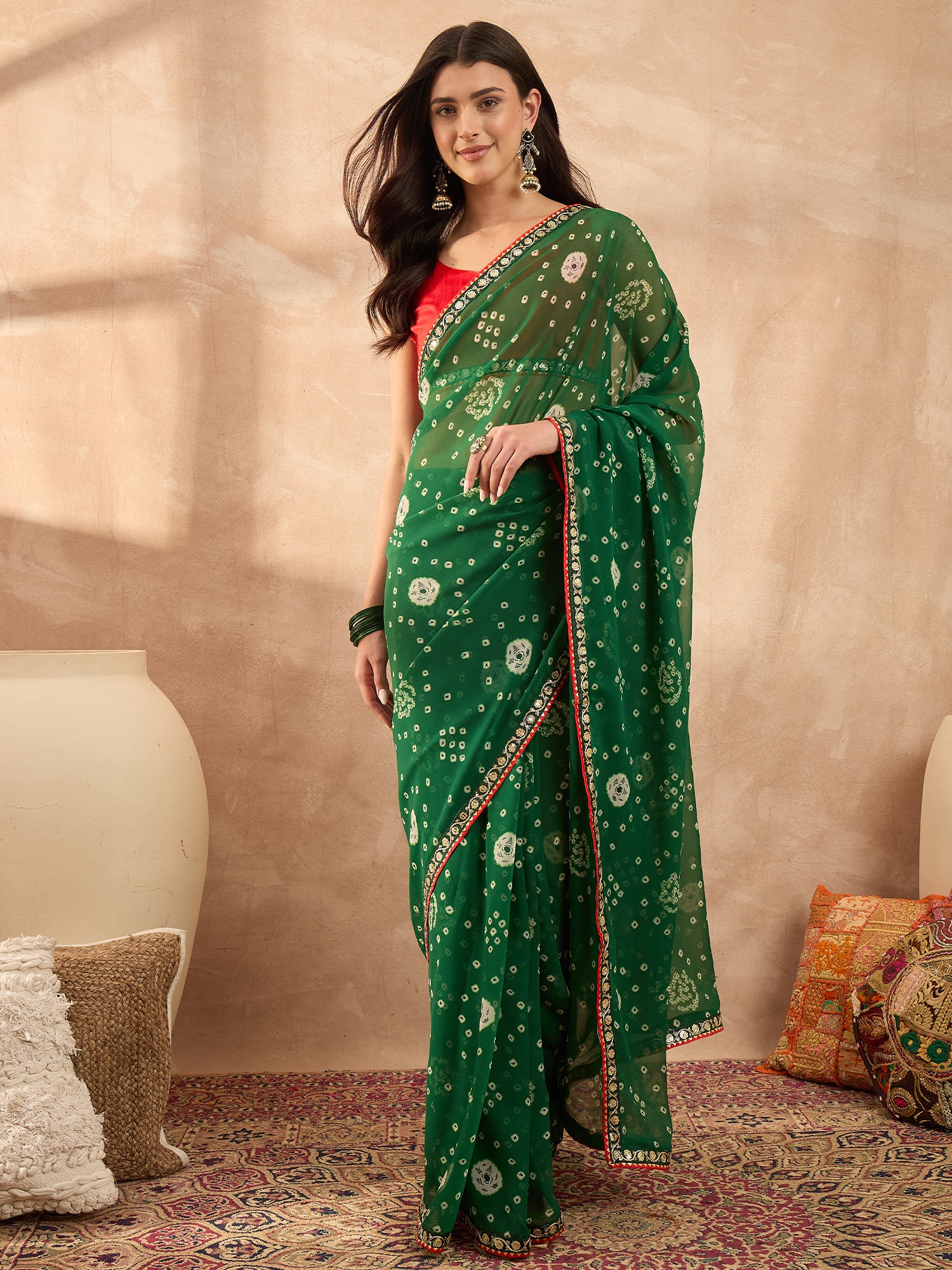Women's Georgette Green Printed Designer Saree With Blouse Piece