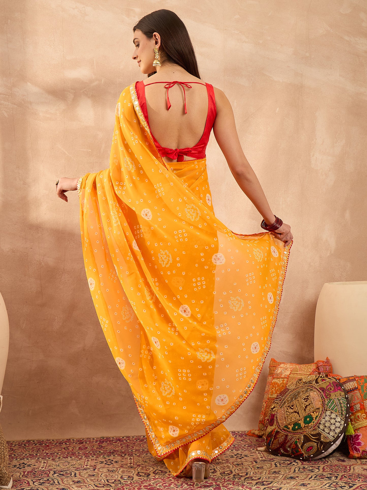 Women's Georgette Yellow Printed Designer Saree With Blouse Piece