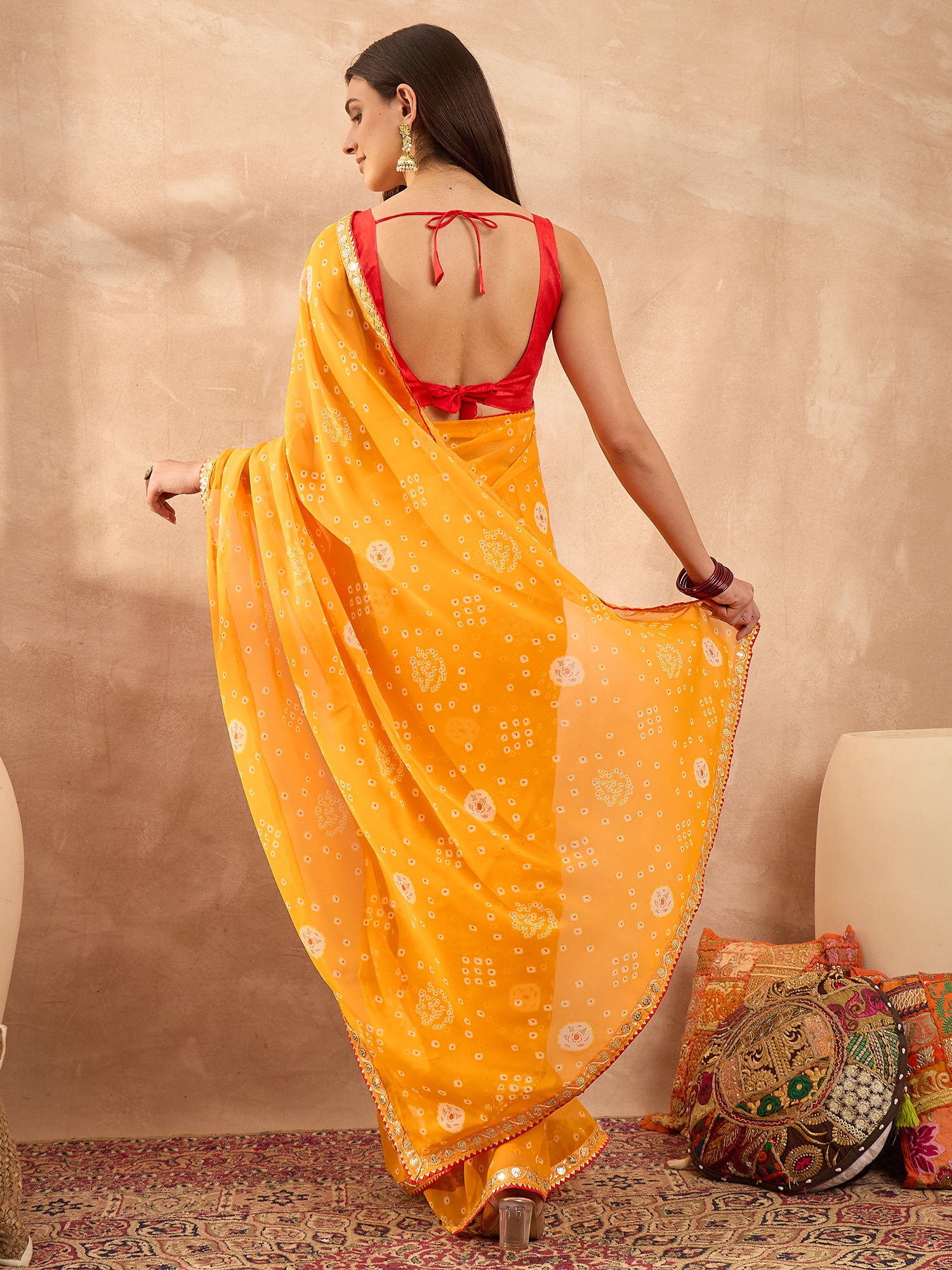Women's Georgette Yellow Printed Designer Saree With Blouse Piece