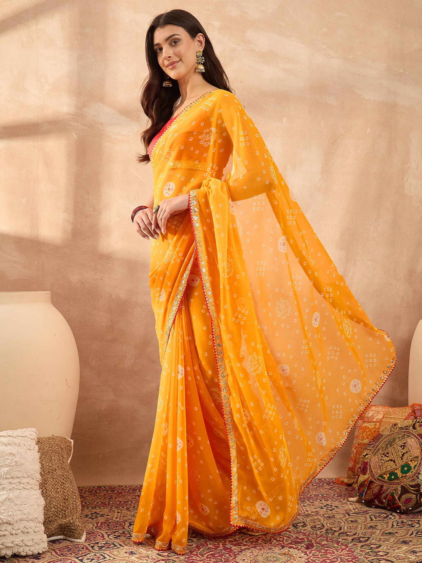 Women's Georgette Yellow Printed Designer Saree With Blouse Piece