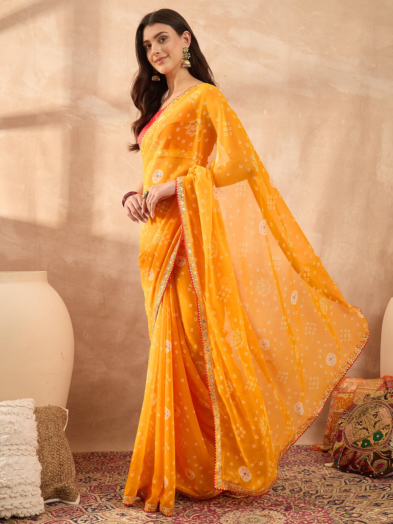Women's Georgette Yellow Printed Designer Saree With Blouse Piece