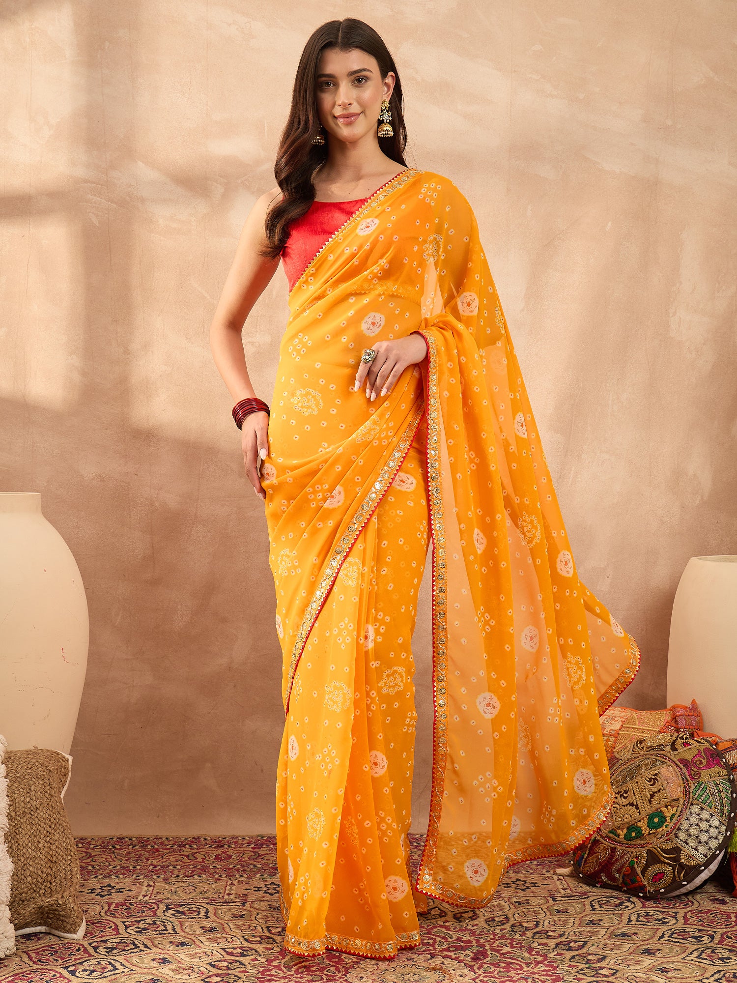 Women's Georgette Yellow Printed Designer Saree With Blouse Piece