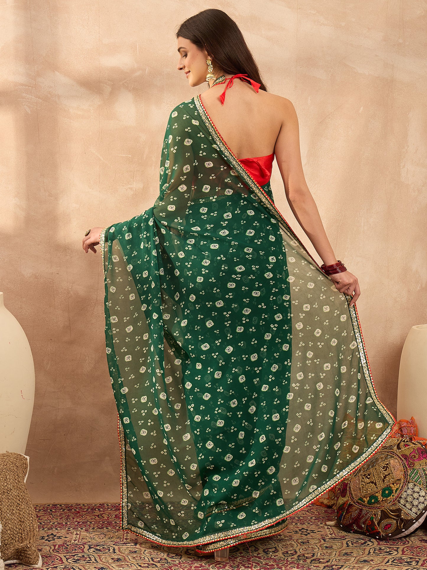 Women's Georgette Green Printed Designer Saree With Blouse Piece