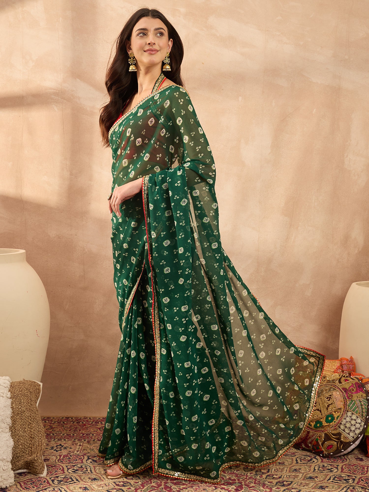 Women's Georgette Green Printed Designer Saree With Blouse Piece