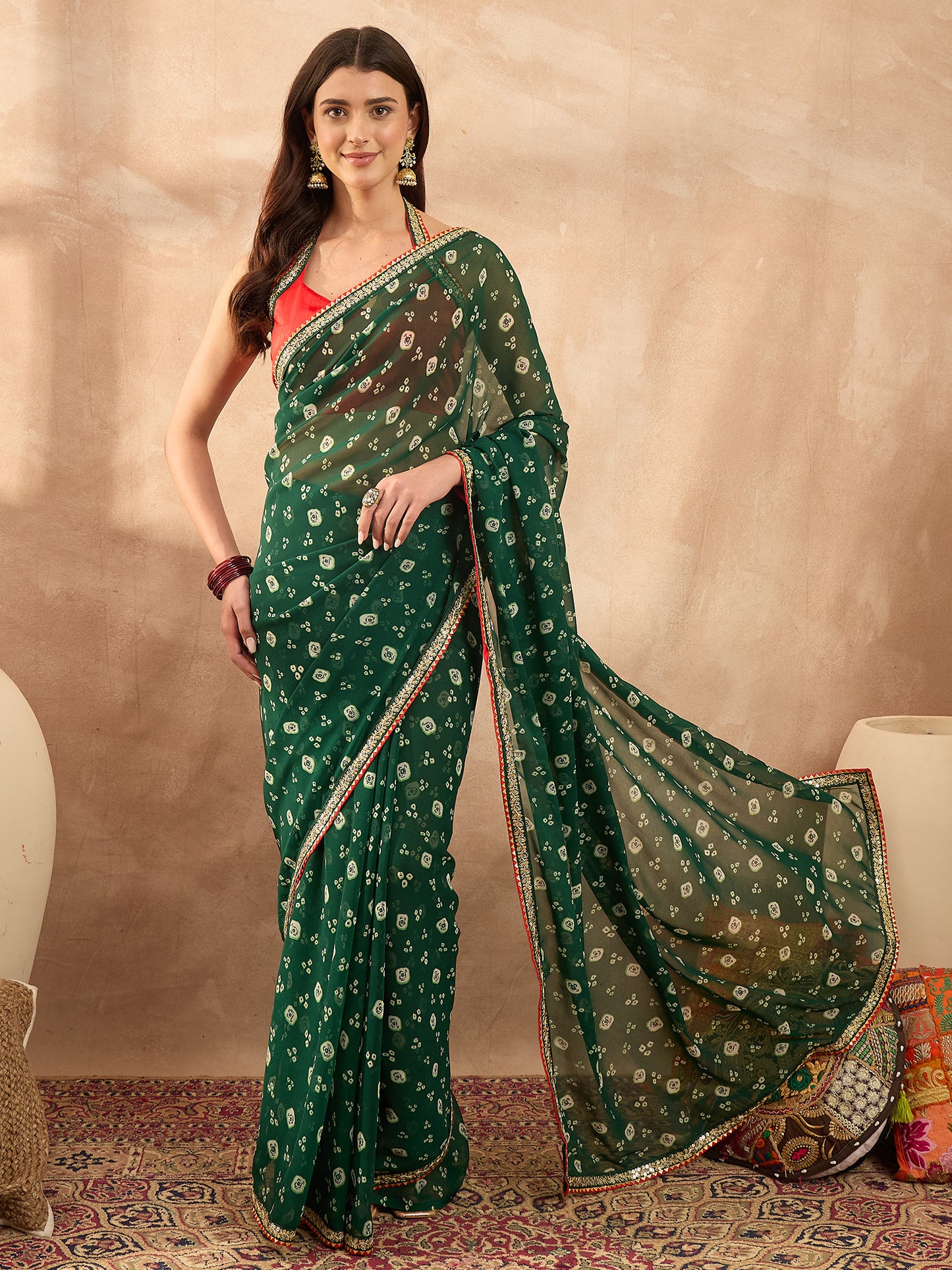 Women's Georgette Green Printed Designer Saree With Blouse Piece