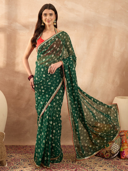 Women's Georgette Green Printed Designer Saree With Blouse Piece