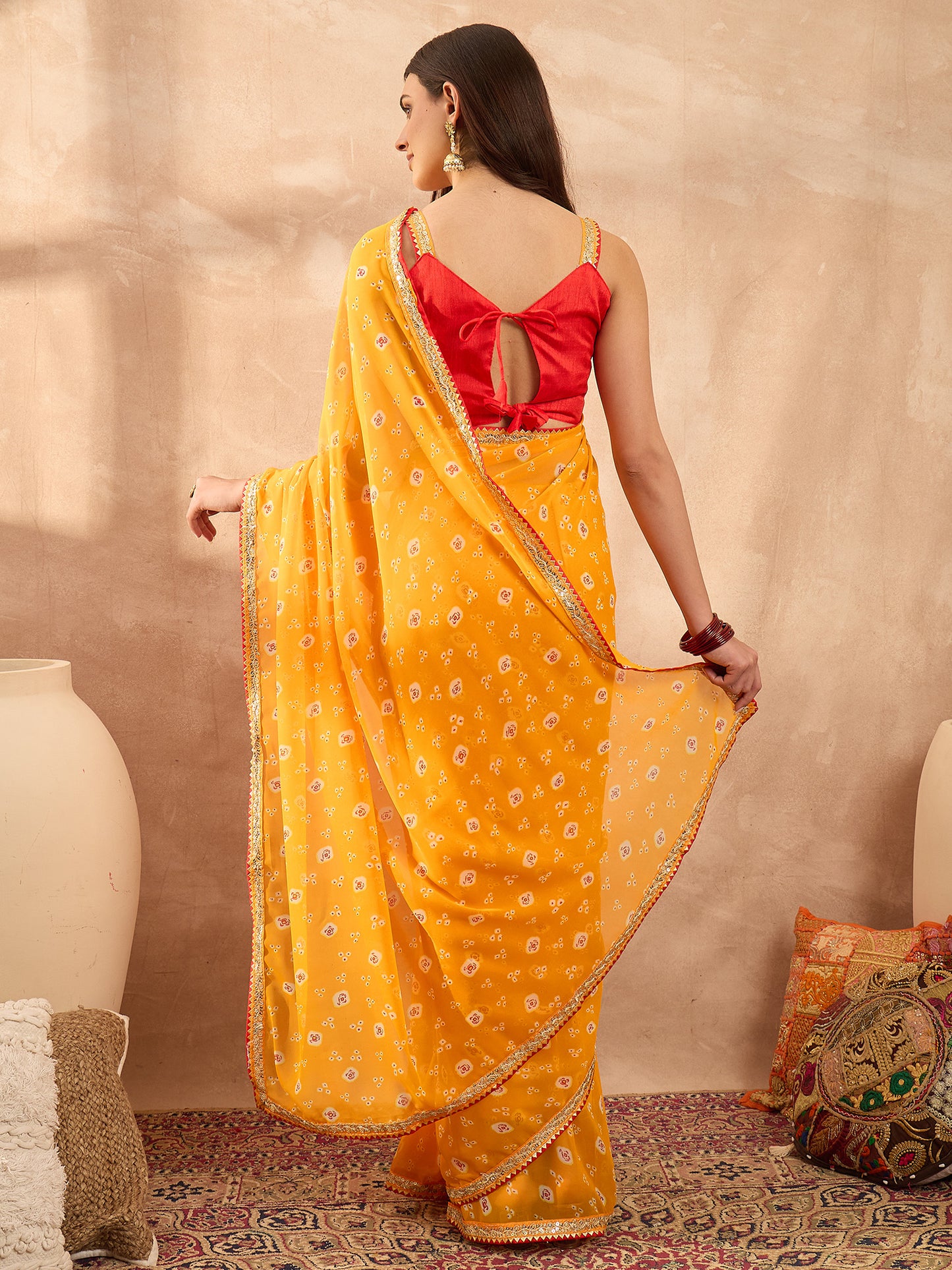 Women's Georgette Yellow Printed Designer Saree With Blouse Piece