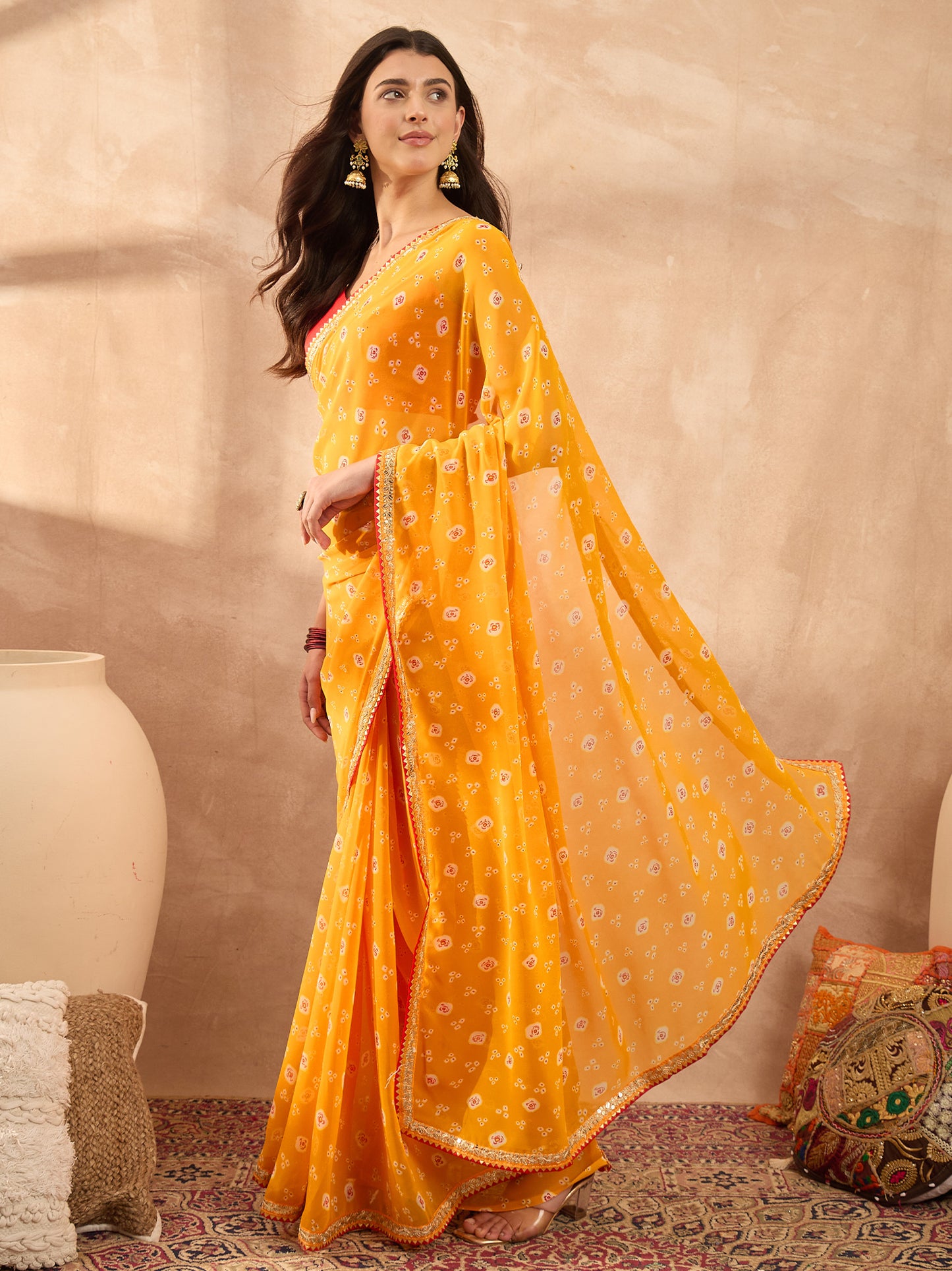 Women's Georgette Yellow Printed Designer Saree With Blouse Piece