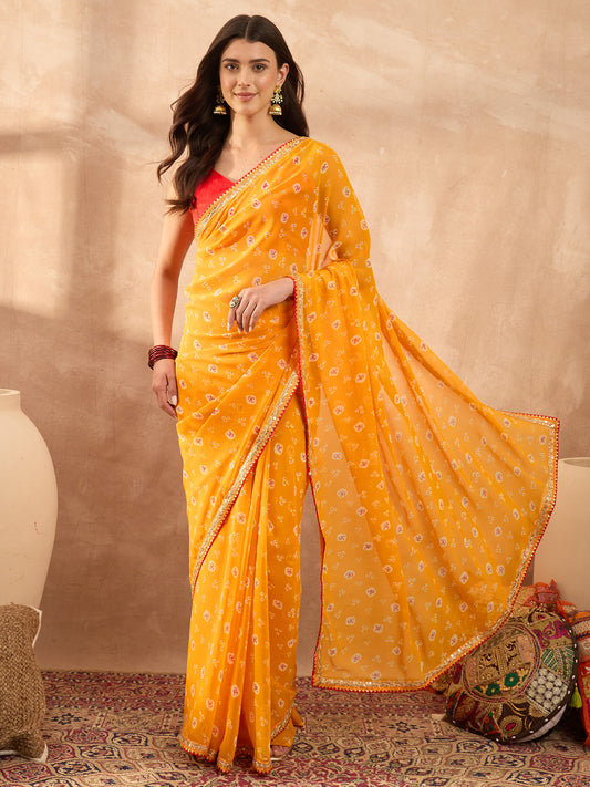 Women's Georgette Yellow Printed Designer Saree With Blouse Piece