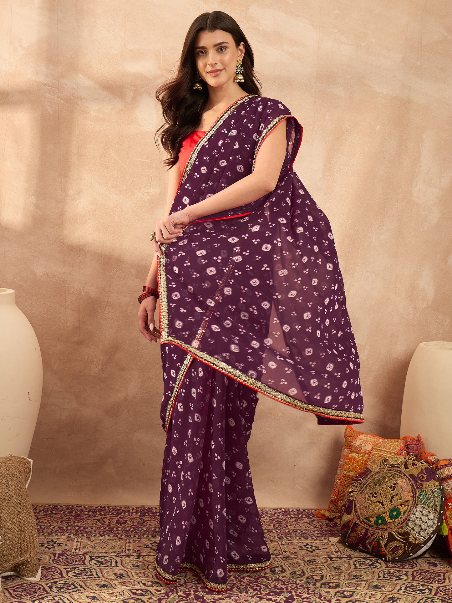 Women's Georgette Purple Printed Designer Saree With Blouse Piece