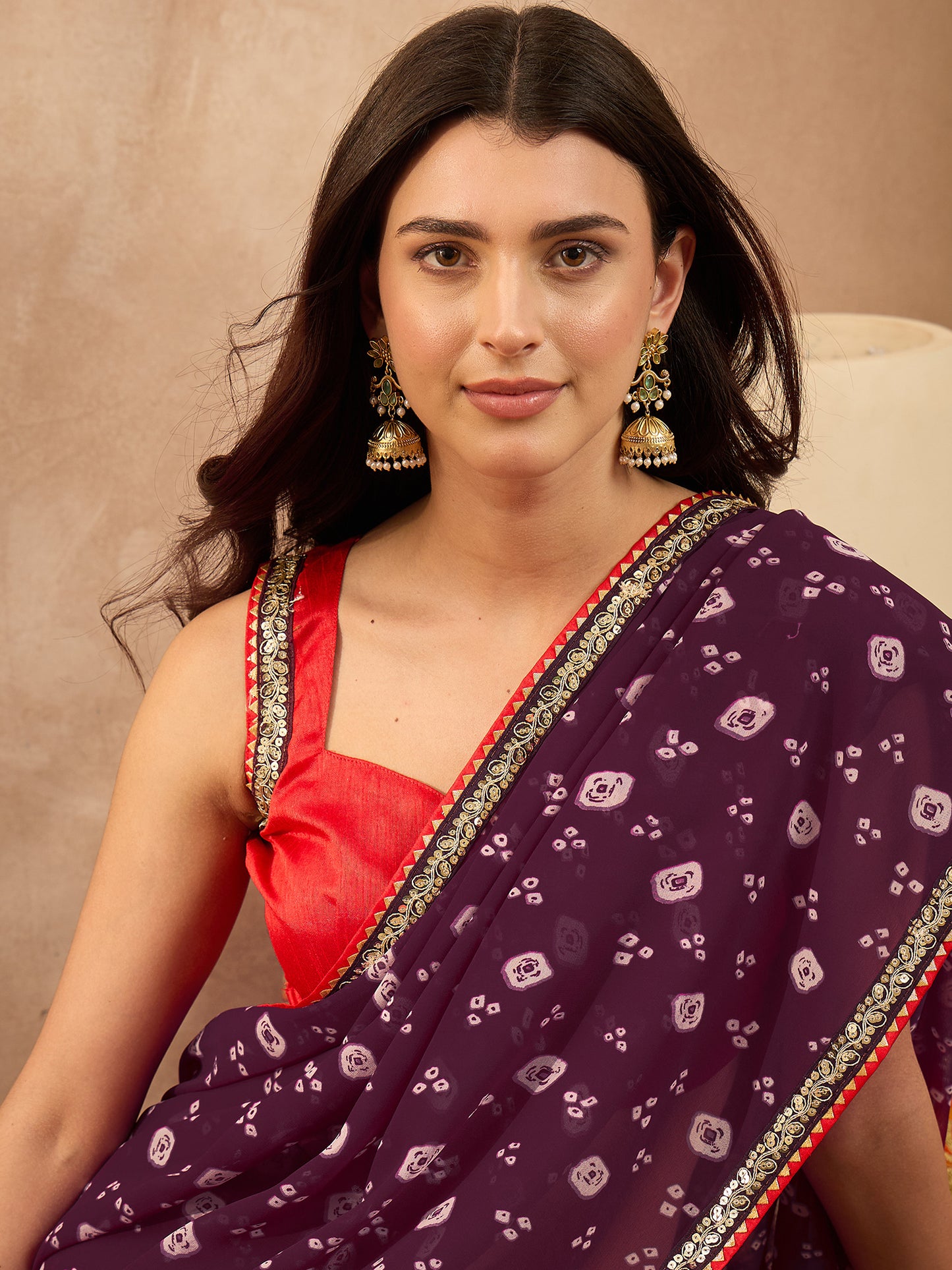 Women's Georgette Purple Printed Designer Saree With Blouse Piece