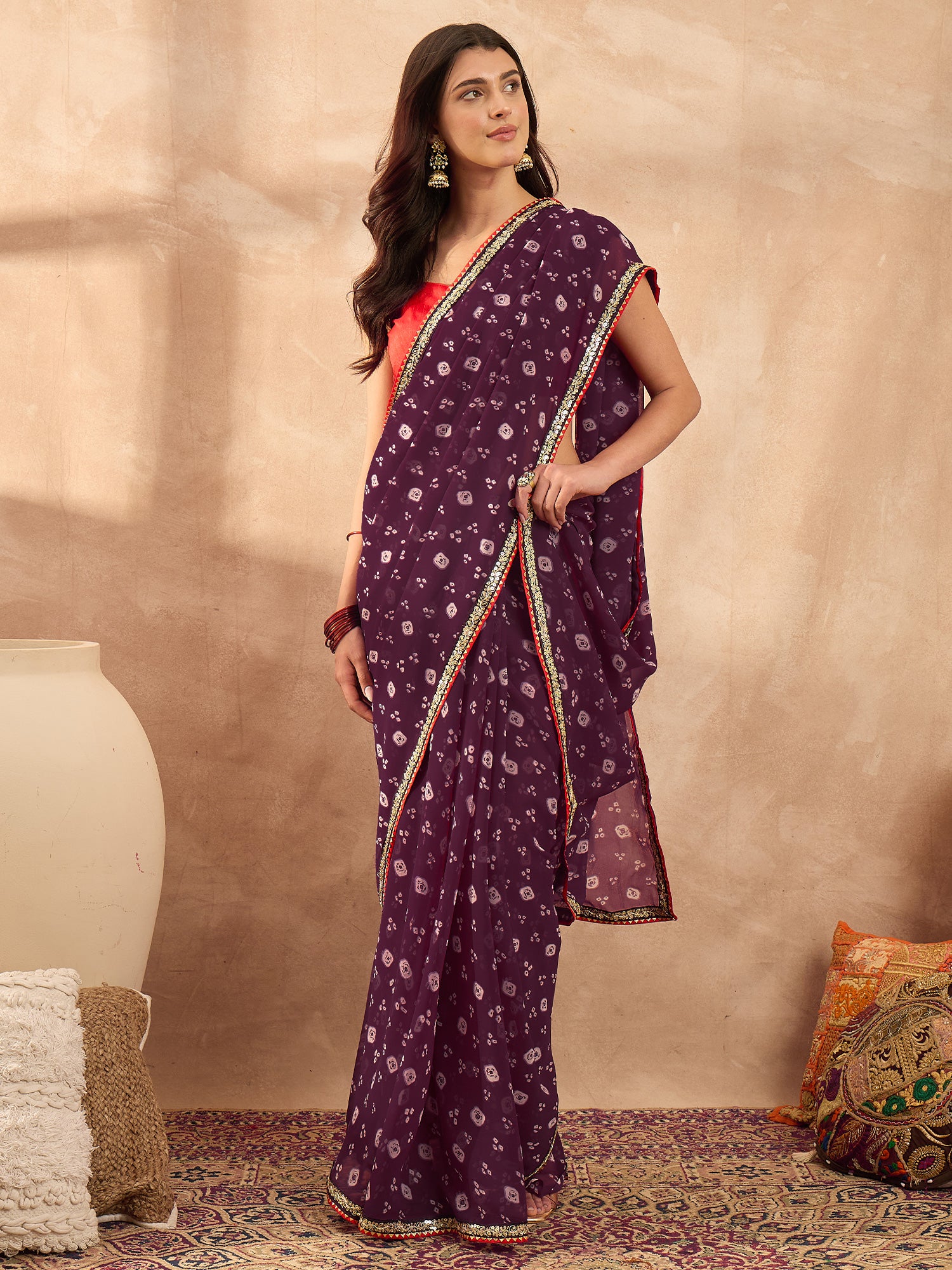 Women's Georgette Purple Printed Designer Saree With Blouse Piece